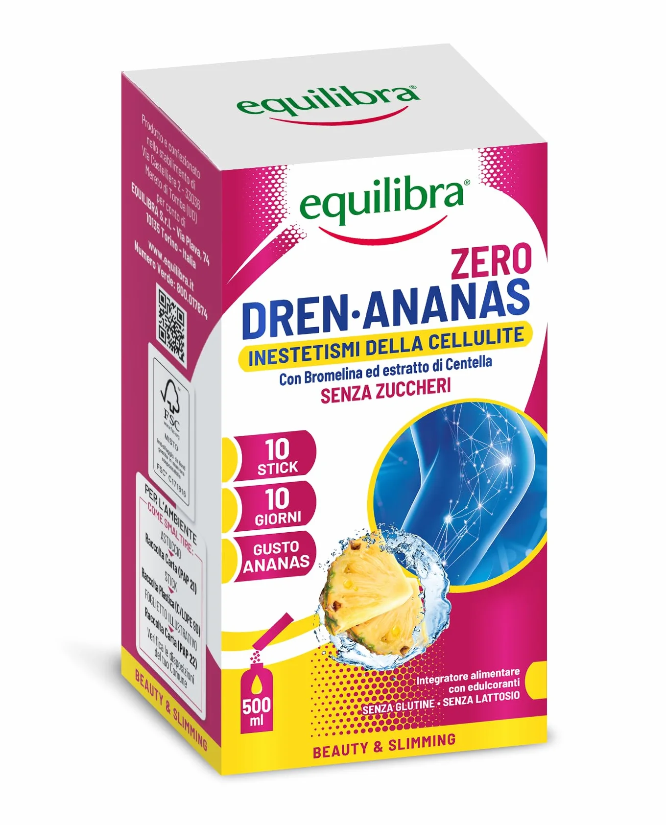 Equilibra Dren Ananas Zero Zuccheri, Integratore con Bromelina e Rutina, Drenaggio Liquidi, 10 Stick