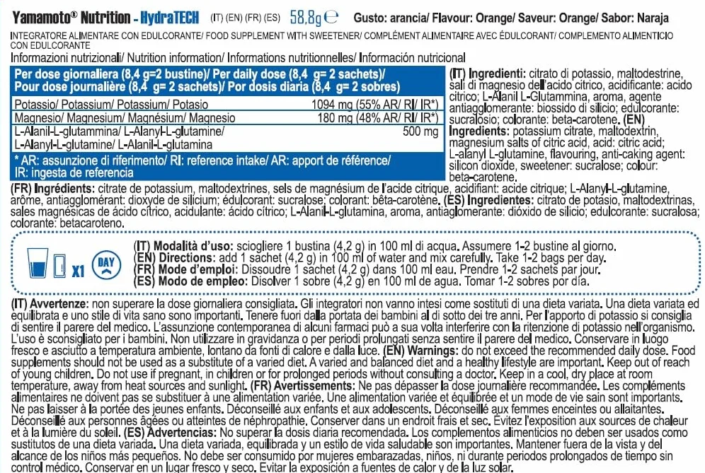 Yamamoto Nutrition integratore alimentare di potassio e magnesio che apporta L-Alanil L-Glutammina (Sustamine) Arancia 42 g