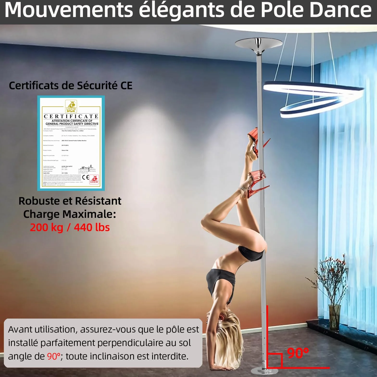 PRIOR FITNESS Palo Pole Dance da Casa 45 mm 2,35-2,74 m Regolabile Rotante/Statica 200 kg