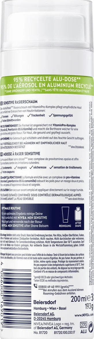 Nivea Men Sensitive - Schiuma da barba da uomo, 200 ml, con estratto di camomilla e vitamina E, per una rasatura delicata, formula protettiva contro le irritazioni cutanee