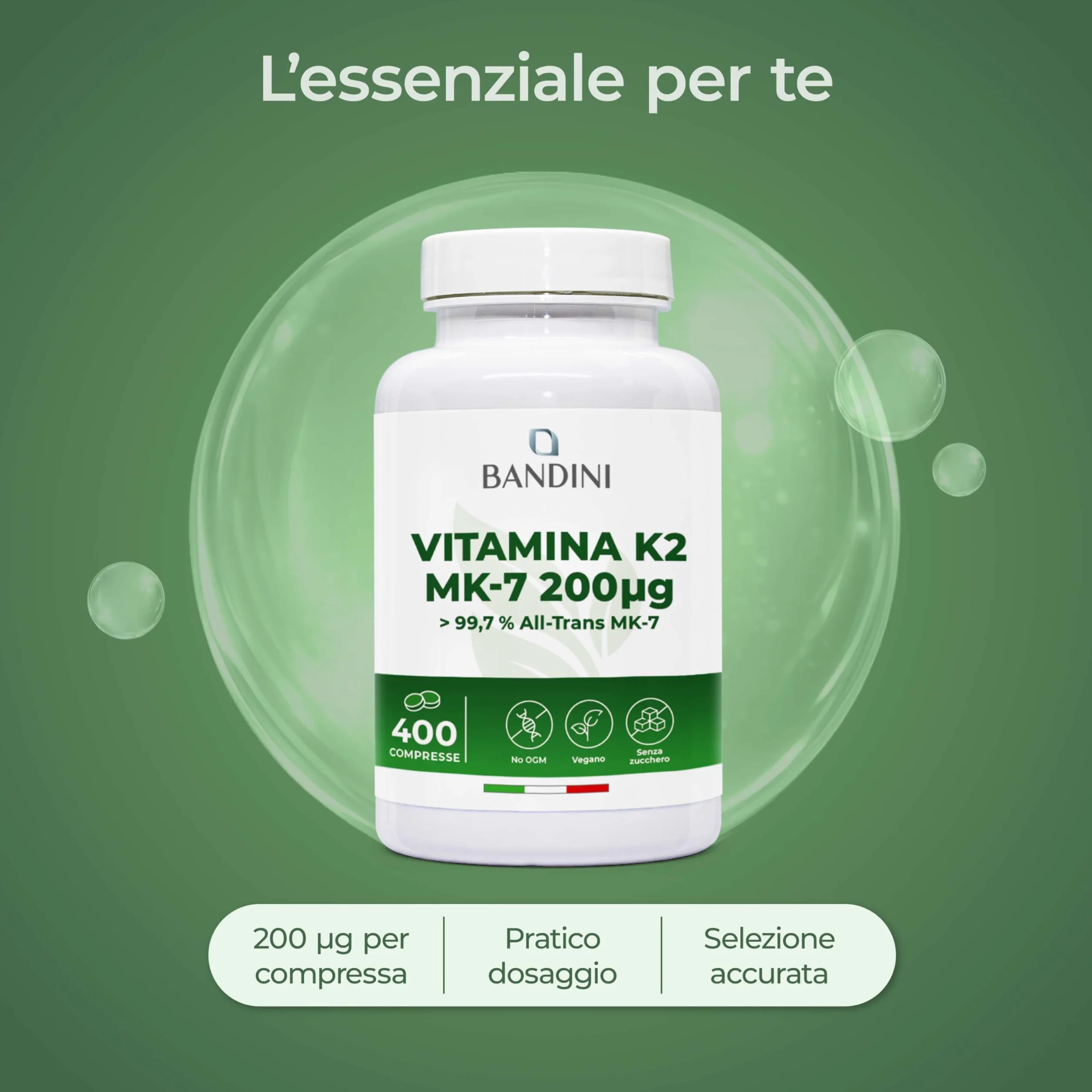 Bandini Vitamina K2 MK7 200µg 400 Compresse Alto Dosaggio Integratore Ossa Normali Vegan