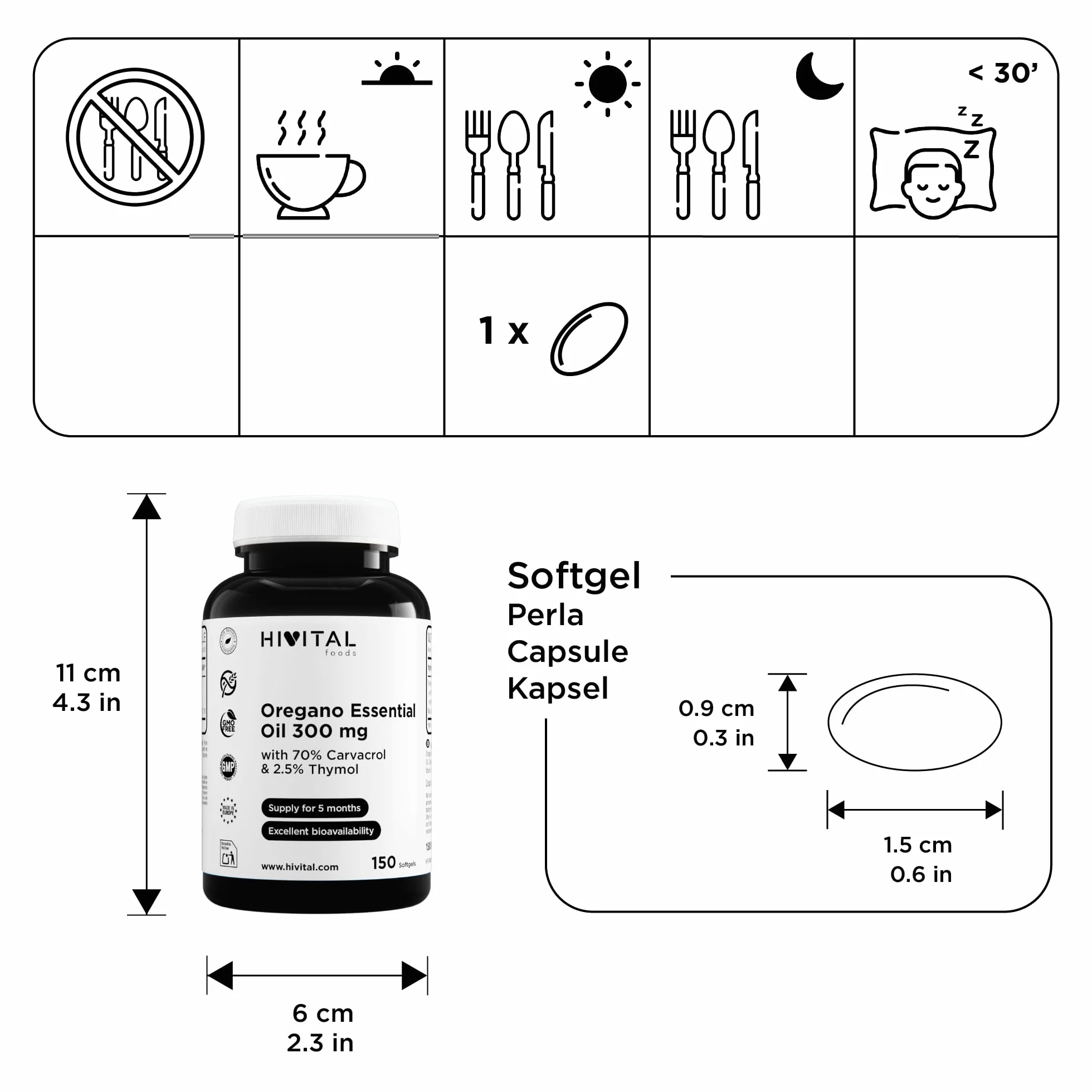 Olio di Origano 300 mg 150 capsule Hivital Carvacrolo 70% Timolo 2,5% senza glutine non OGM