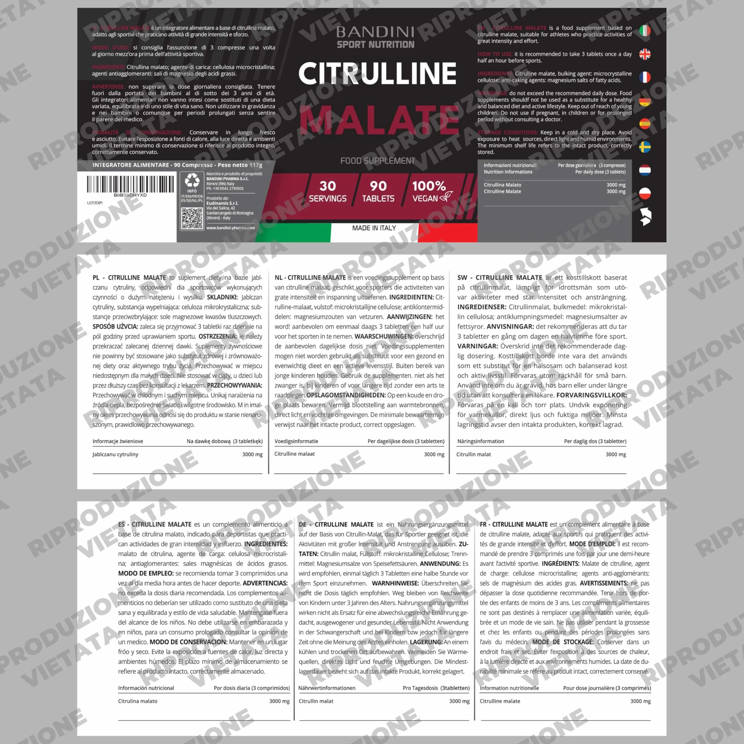 Bandini® CITRULLINE MALATE 90 Compresse 3000 mg per Dose Giornaliera - Dosaggio Extra-Elevato (Copertura 1 mese) - L-Citrullina da fermentazione 100% Vegan - Citrullina per Atleti e Culturisti