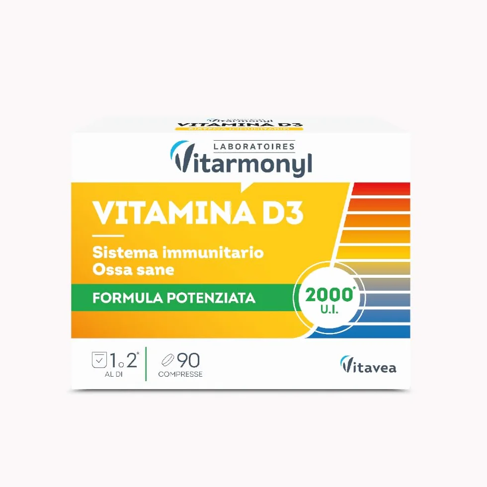 Vitamina D3 - Formula Potenziata 2000 UI - Integratore Difese Immunitarie - Assorbimento Calcio e Fosforo, Salute Ossa, Denti e Muscoli - Sistema Immunitario - 90 Compresse - Vitarmonyl