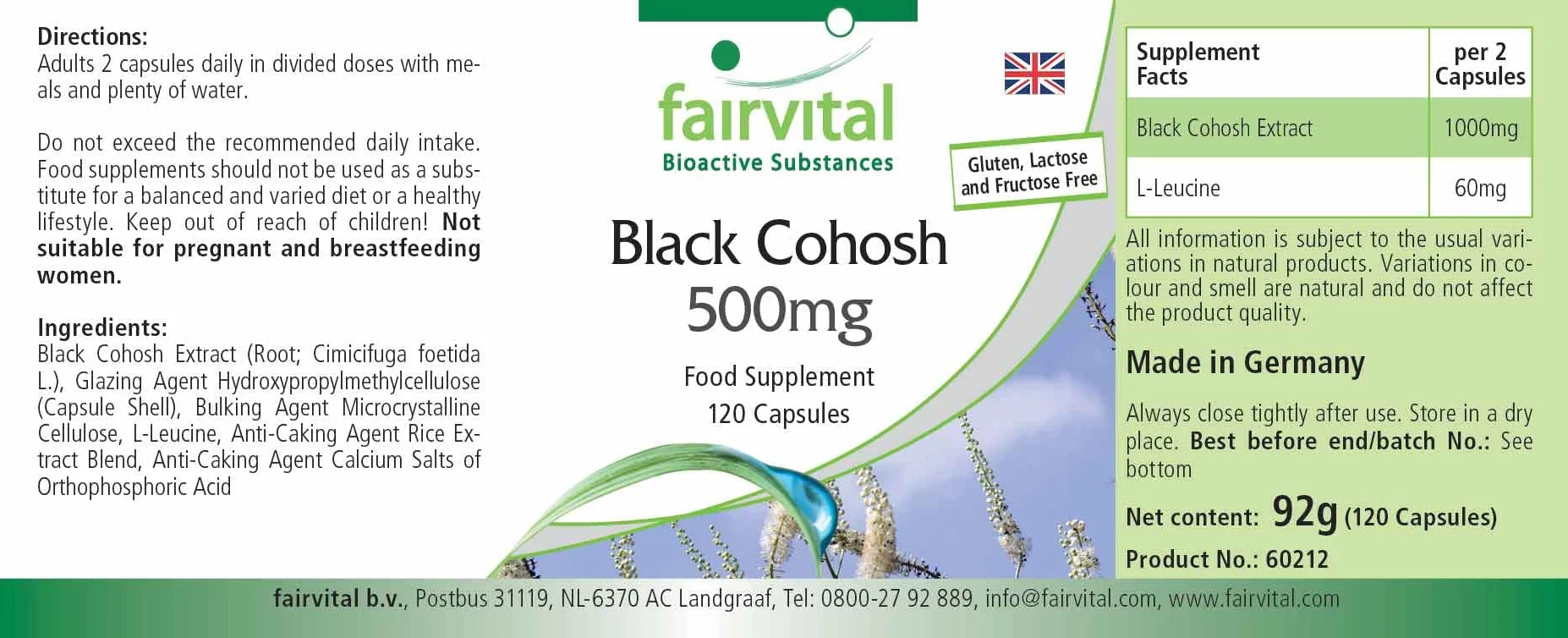 Fairvital Cimicifuga 500mg 120 capsule 1000mg per dose vegano Prodotto in Germania