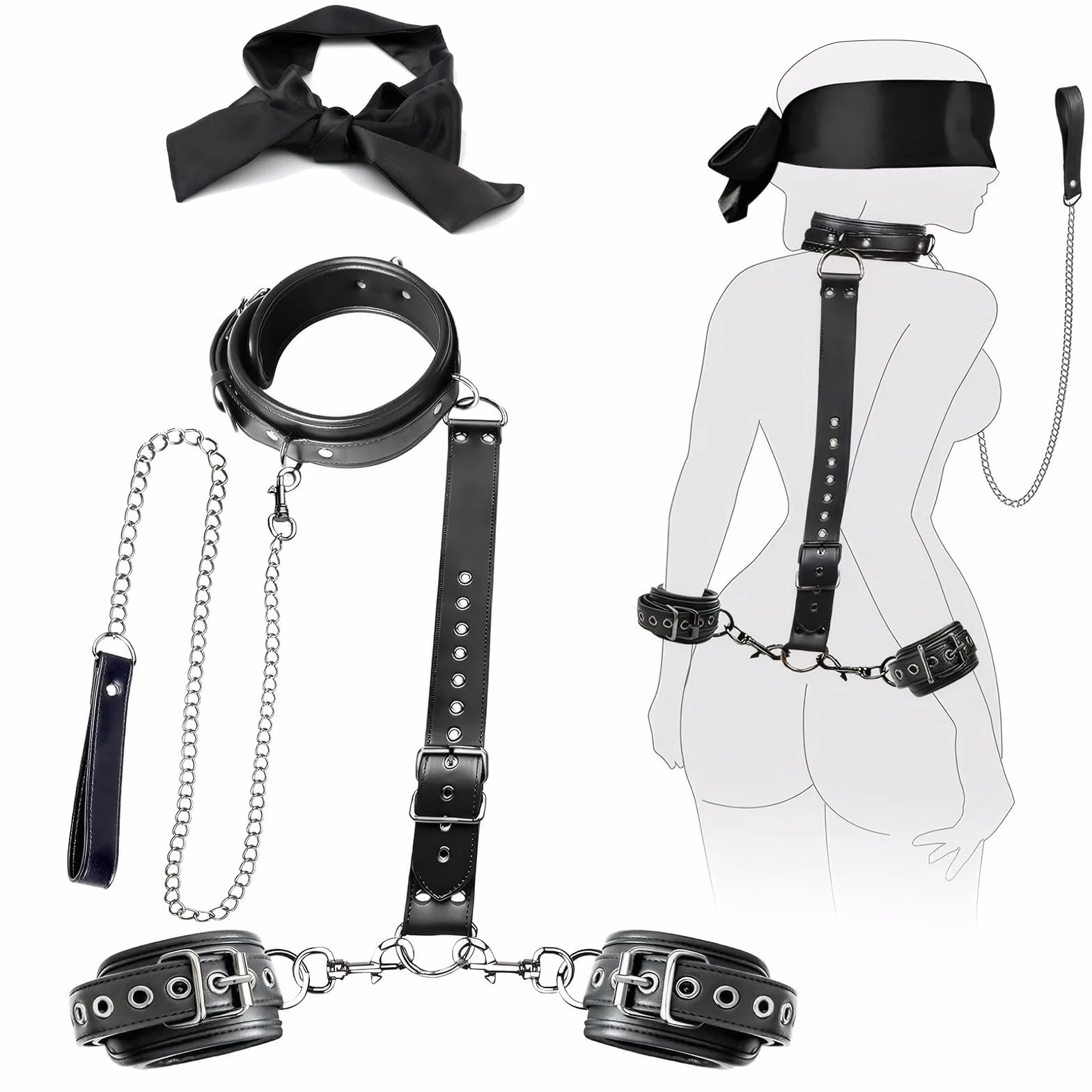 BDSM Pelle Sexytoysys Coppia Manette e Collare Staccabili Giocattolo Sessuale con Benda Nero