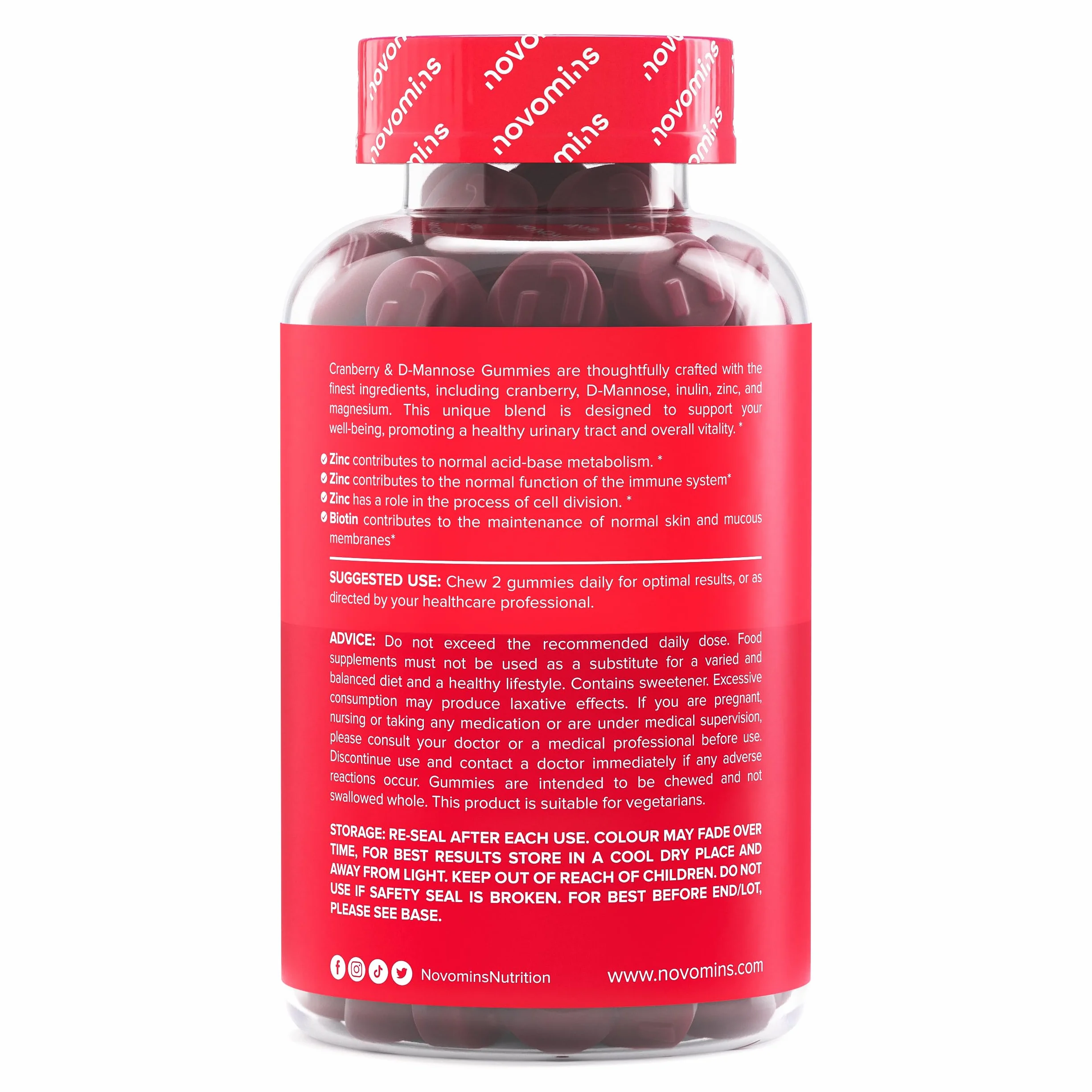 Mirtillo Rosso e D-Mannosio Gommose – 600 mg Mirtillo + 400 mg D-Mannosio – con Zinco e Biotina – Vegan, Senza Glutine – 60 Gommose Gusto Fragola – Novomins