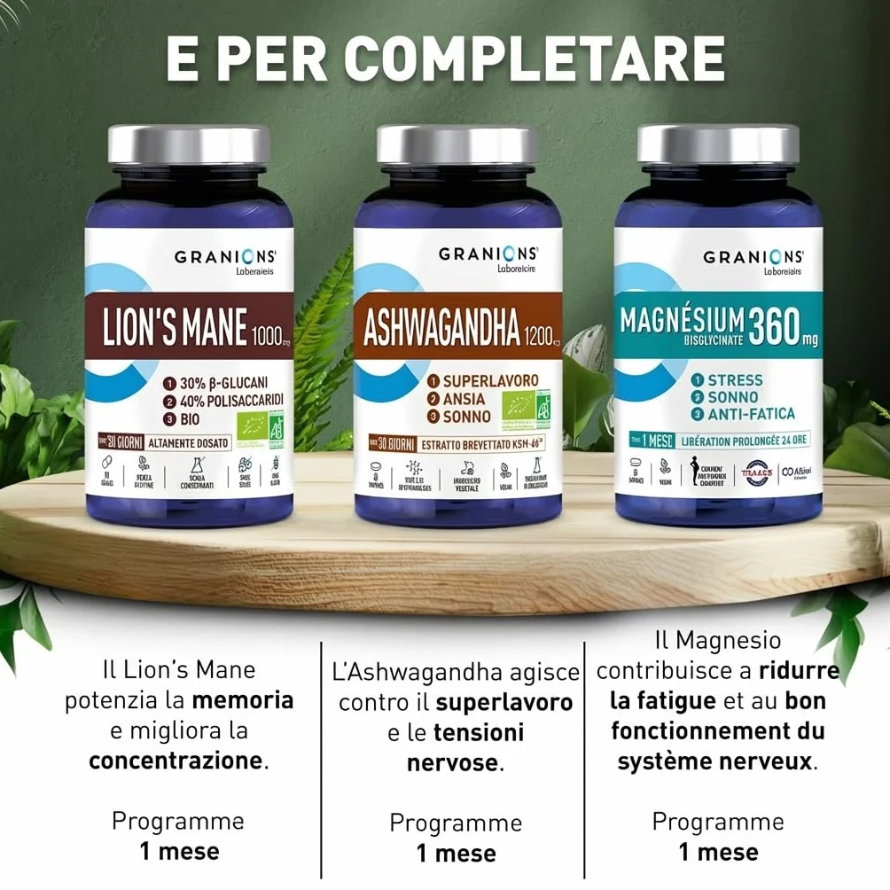Granions Lion's Mane Bio 1000 mg 90 Capsule Vegetali 40% Polisaccaridi 30% Beta-Glucani KSM Hericium erinaceus Vegan Senza Glutine