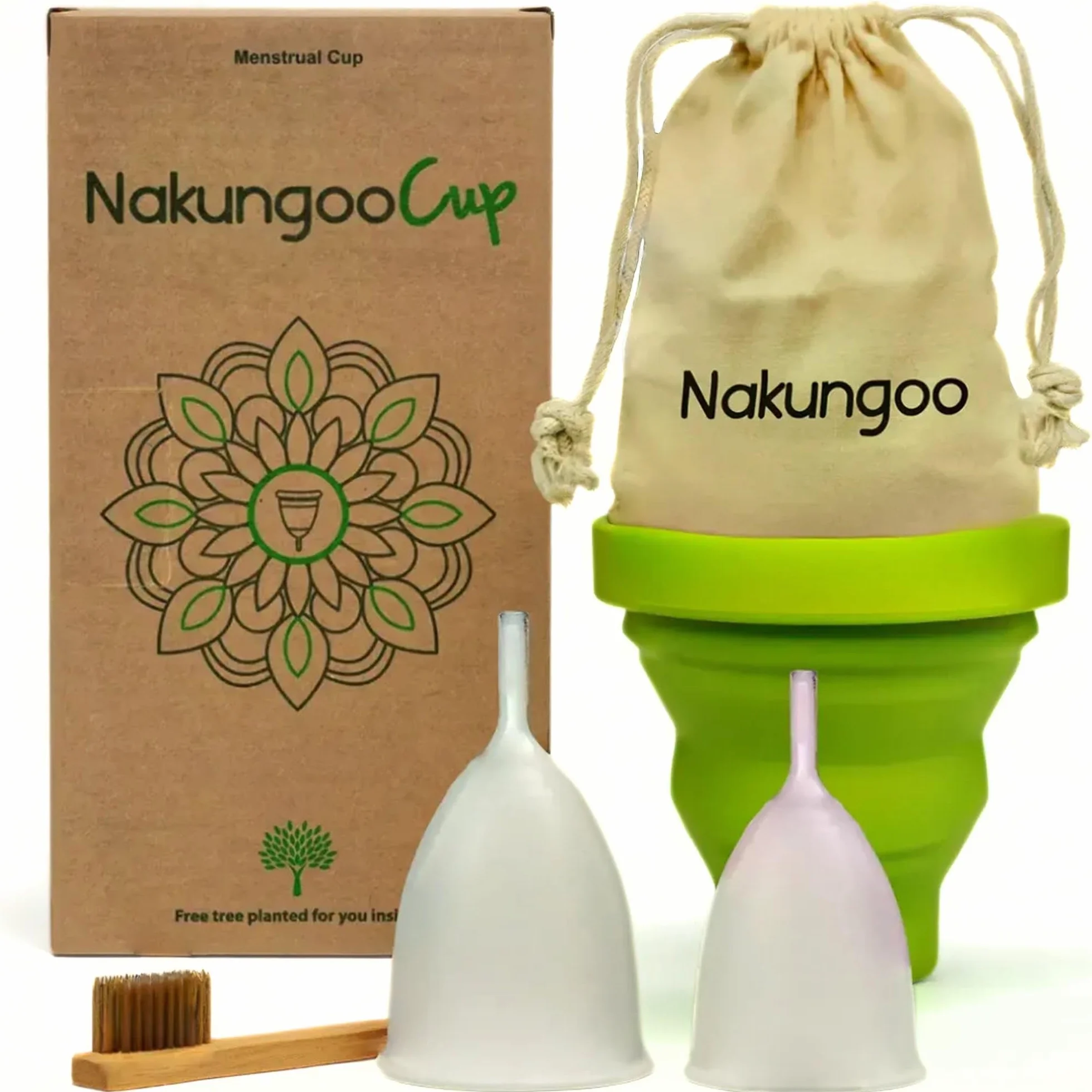 Nakungoo Cup Coppetta Mestruale Morbida 100% Silicone Medicale Certificata, Anallergica, Riutilizzabile per Flusso Abbondante | Kit Completo 2 Taglie (S e L) con Sterilizzatore, Sacchetta e Spazzolina