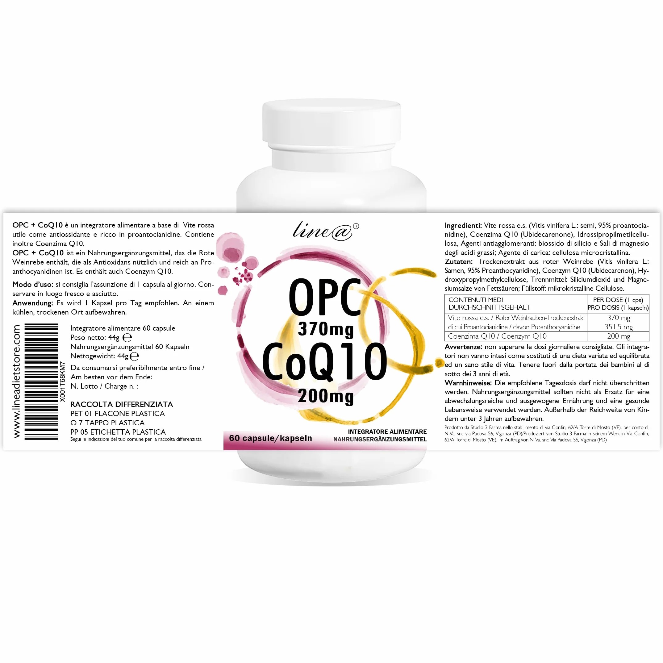 OPC e CoQ10 Line@ | Potente ANTIOSSIDANTE 2 in 1 | E.s. di VITE ROSSA 370mg e COENZIMA Q10 200mg | 60 capsule | 2 MESI