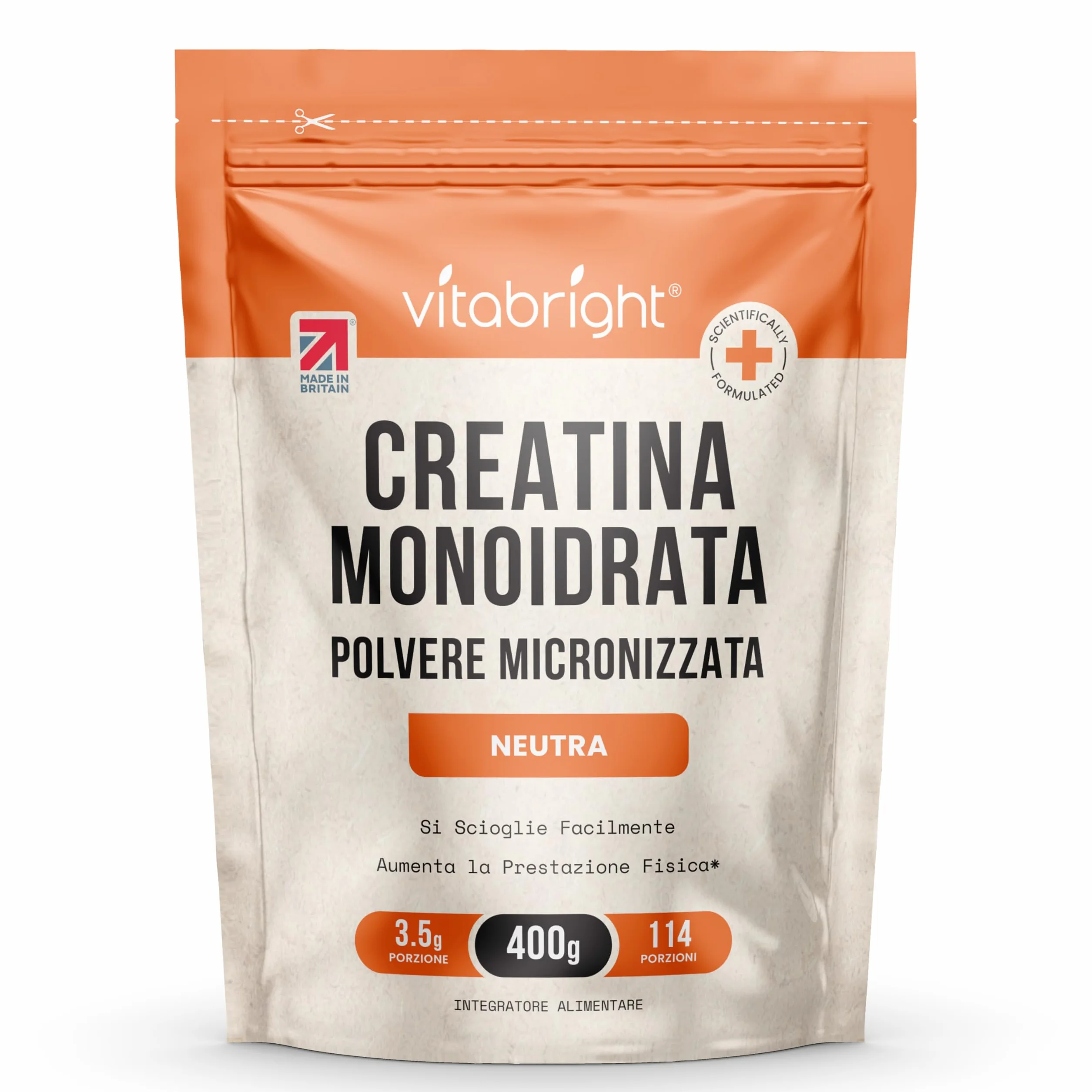 Vitabright Creatina Monoidrata in Polvere Micronizzata 400g 114 Porzioni 200 Mesh Rapido Scioglimento