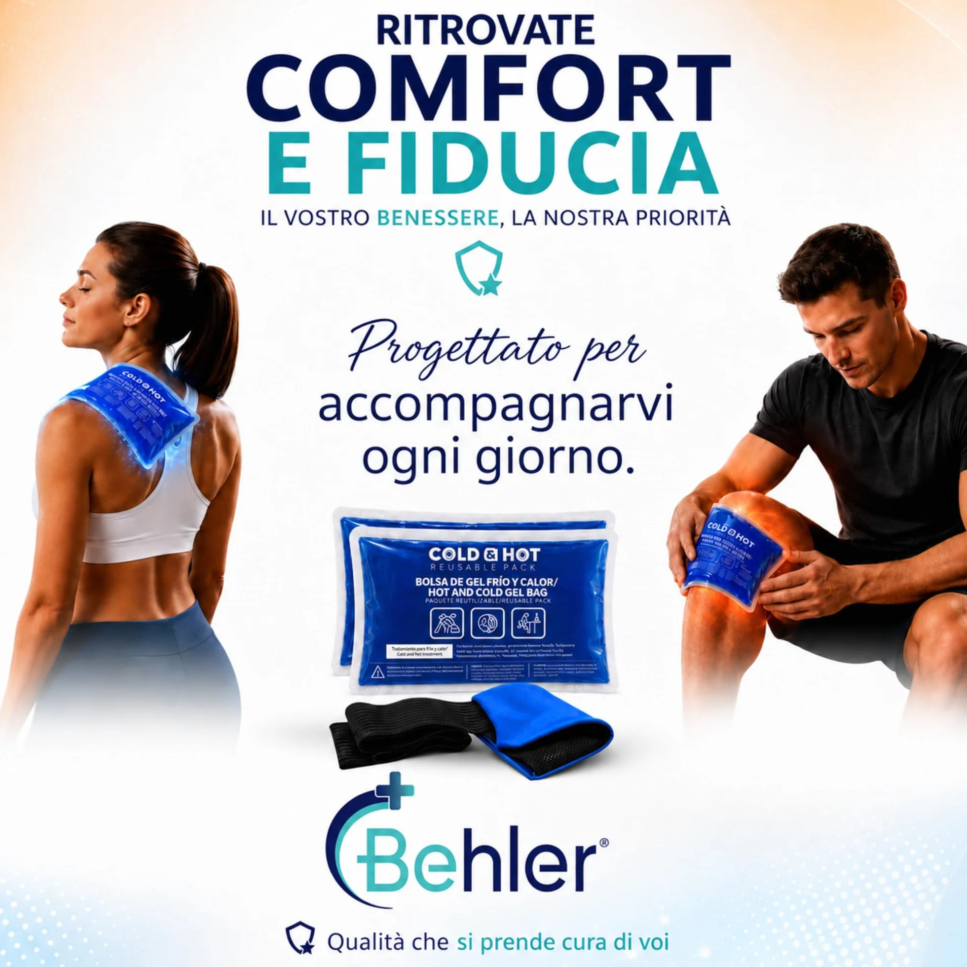 Ghiaccio Gel Riutilizzabile (26x15 cm) Compressa Fredda Calda con Copertura Multiposizione e Fascia di Compressione per Terapie Caldo/Freddo