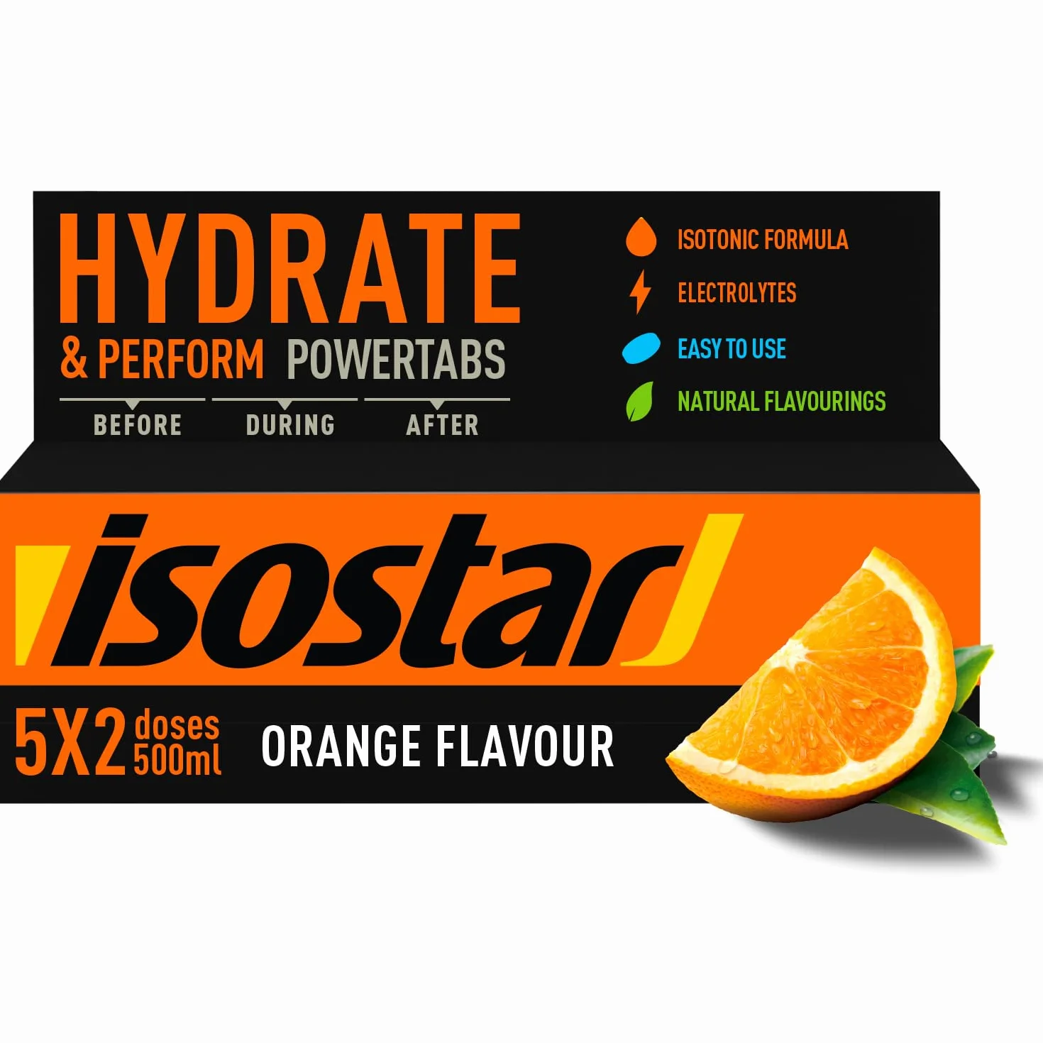 ISOSTAD Powertabs Gusto Arancia, Bevanda Isotonica in Compresse Effervescenti con Elettroliti e Carboidrati per Idratazione e Resistenza, 10 Tabs x 12 g