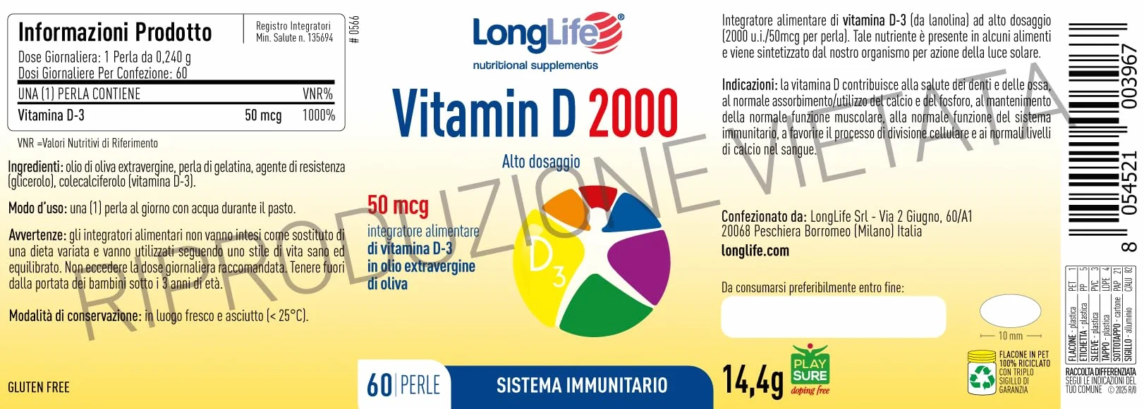 LongLife® Vitamin D 2000 | Vitamina D3 naturale in olio EVO | Alto dosaggio | Difese immunitarie, salute di ossa e denti | Metabolismo del calcio | 2 mesi di trattamento | Senza glutine e doping free