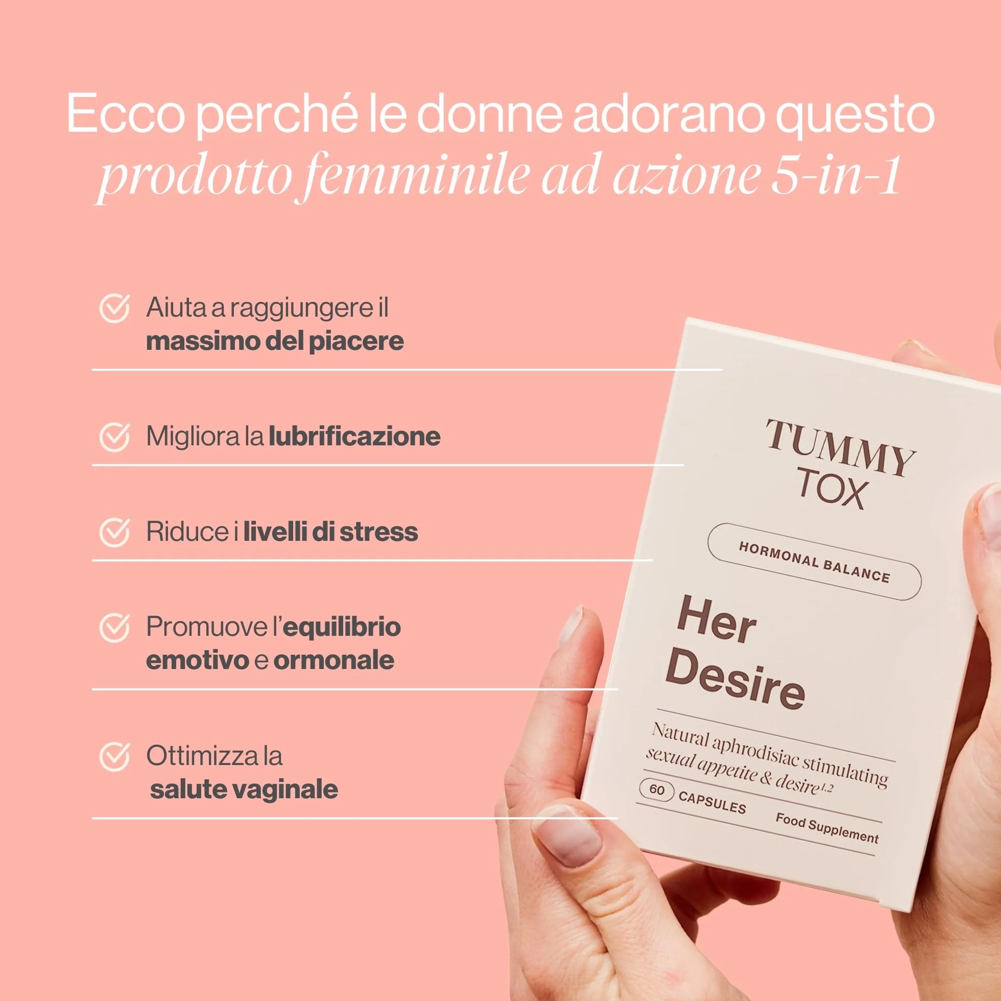 Her Desire - un integratore libido femminile naturale con Liboost, Maca, Ashwagandha, Ginseng, Zinco, Biotina, Vitamina D, Vitamina B6 e vitamina B12, Tummy Tox