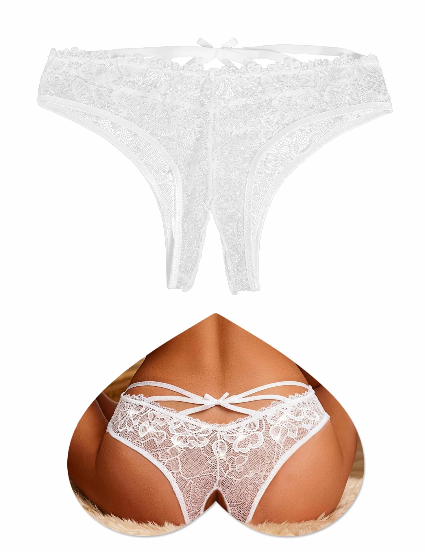 Ohmydear Perizoma Aperto Sexy in Pizzo Tanga Donna Seducente Cinturine Incrociate sul Retro Slip Donna con Buco Motivo Floreale Mutande Sexy Donna Trasparente
