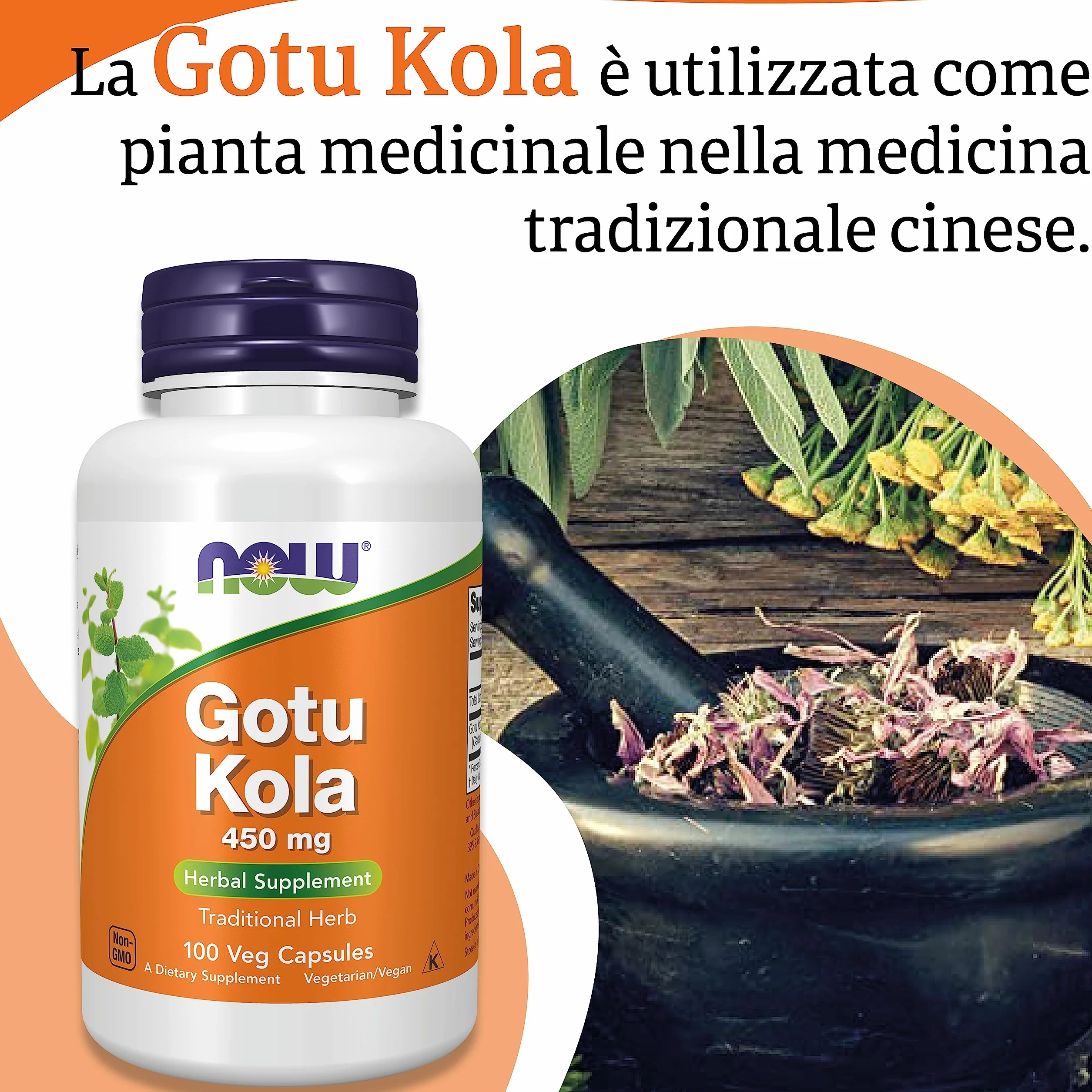 Now Foods Gotu Kola 450 mg 100 Capsule Vegane Senza Glutine Senza Soia