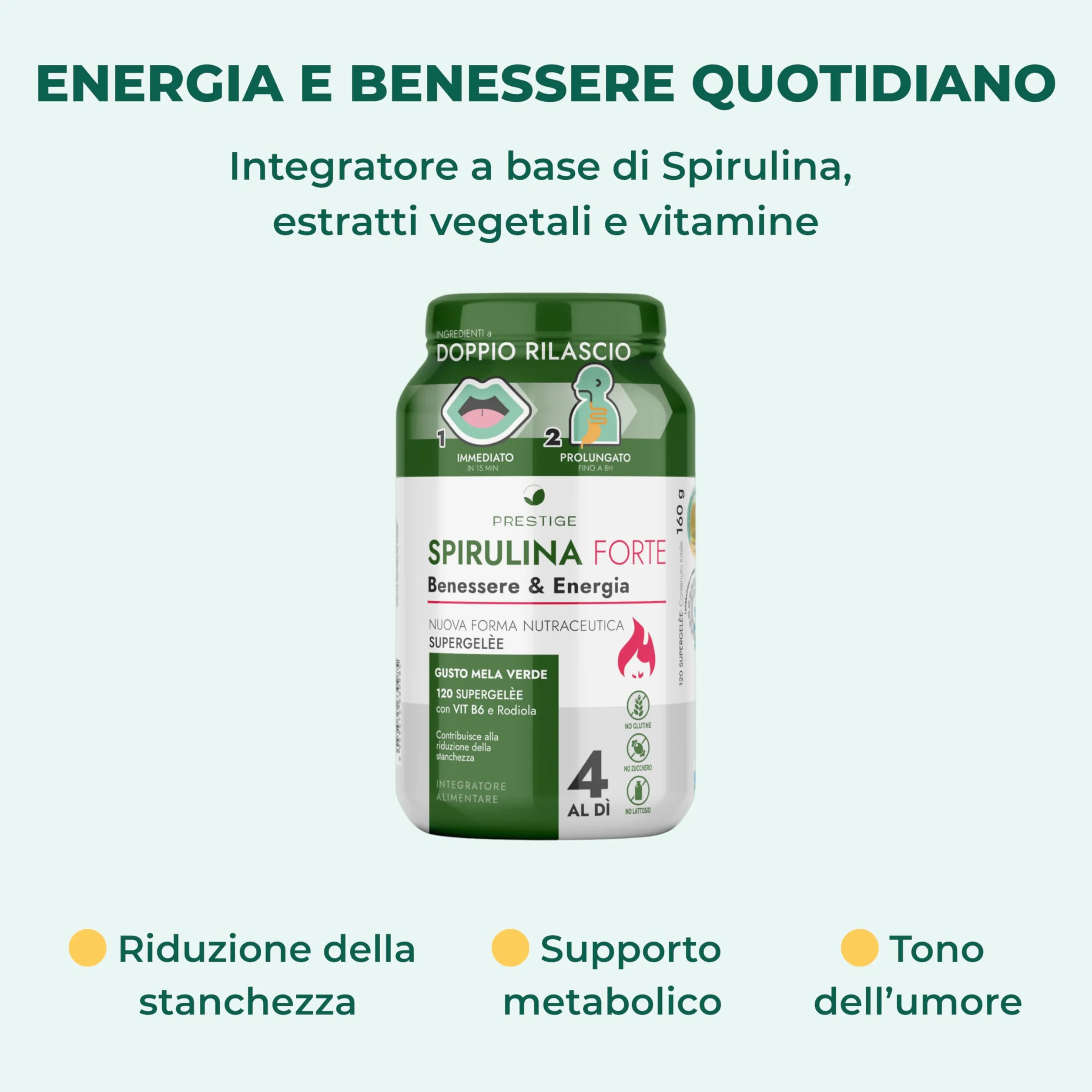 Spirulina Forte Integratore 120 Gommose Supergelée Mela Verde - Energia Focus Mentale Stanchezza Metabolico