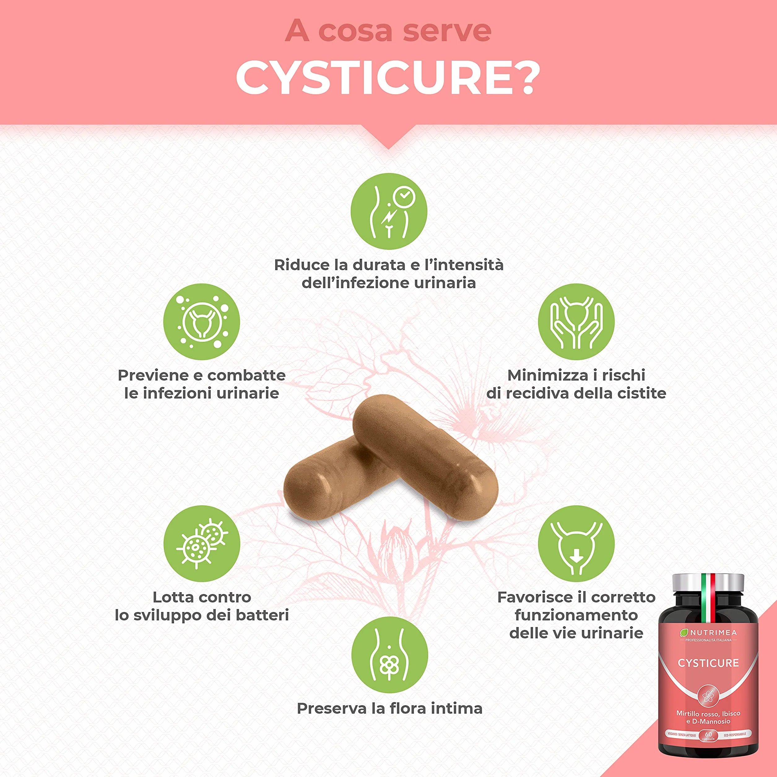 Cysticure Integratore D-Mannosio Mirtillo Rosso e Ibisco 60 Capsule Nutrimea