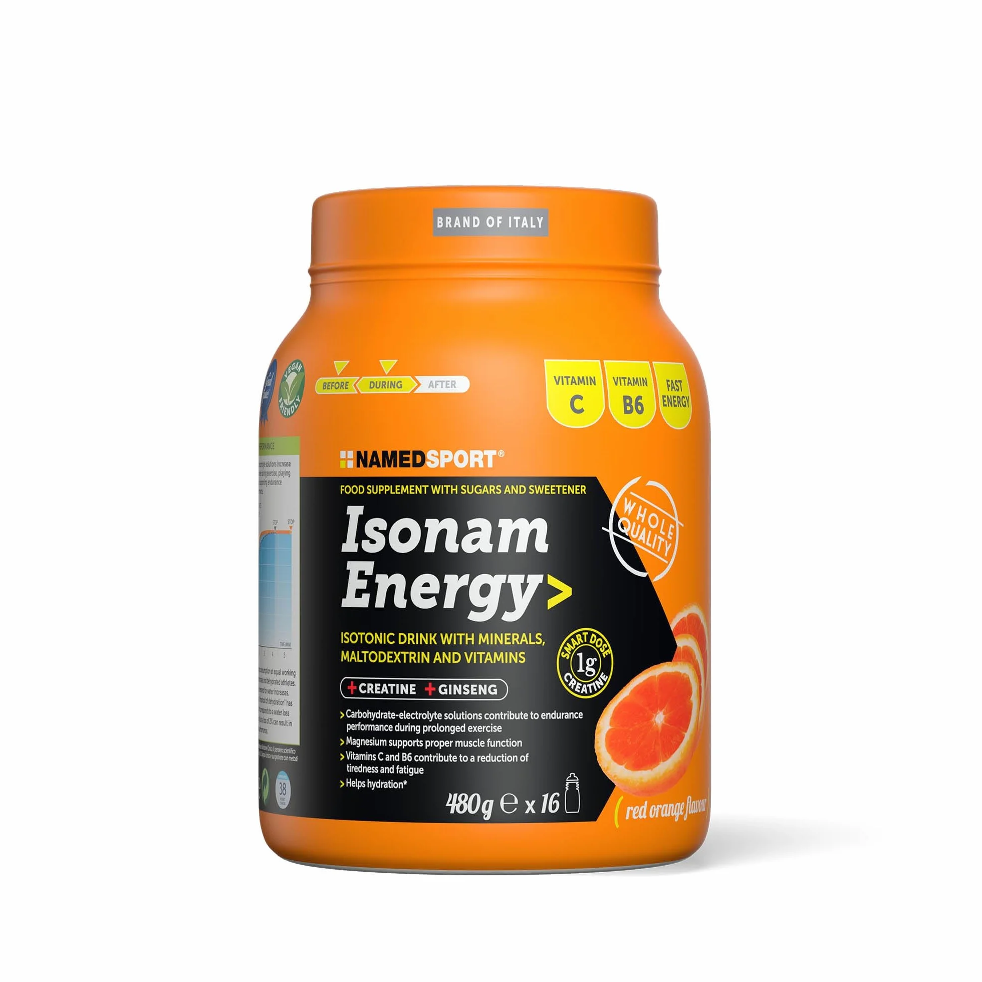 NAMEDSPORT Isonam Energy ORANGE - 480g, Aiuta ad integrare le perdite idrosaline, contribuisce al normale metabolismo energetico, 1 barattolo, contiene 1g di Creatina