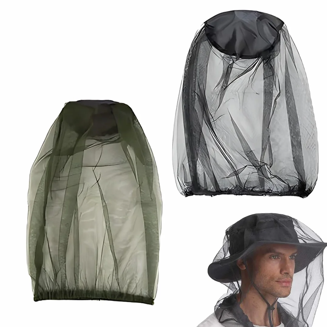 Cappuccio a Prova di Zanzara 2 Pezzi con 2 Borse Portaoggetti Zanzariera Cappello Testa Leggero Resistente Protezione Insetti (Nero+Verde)