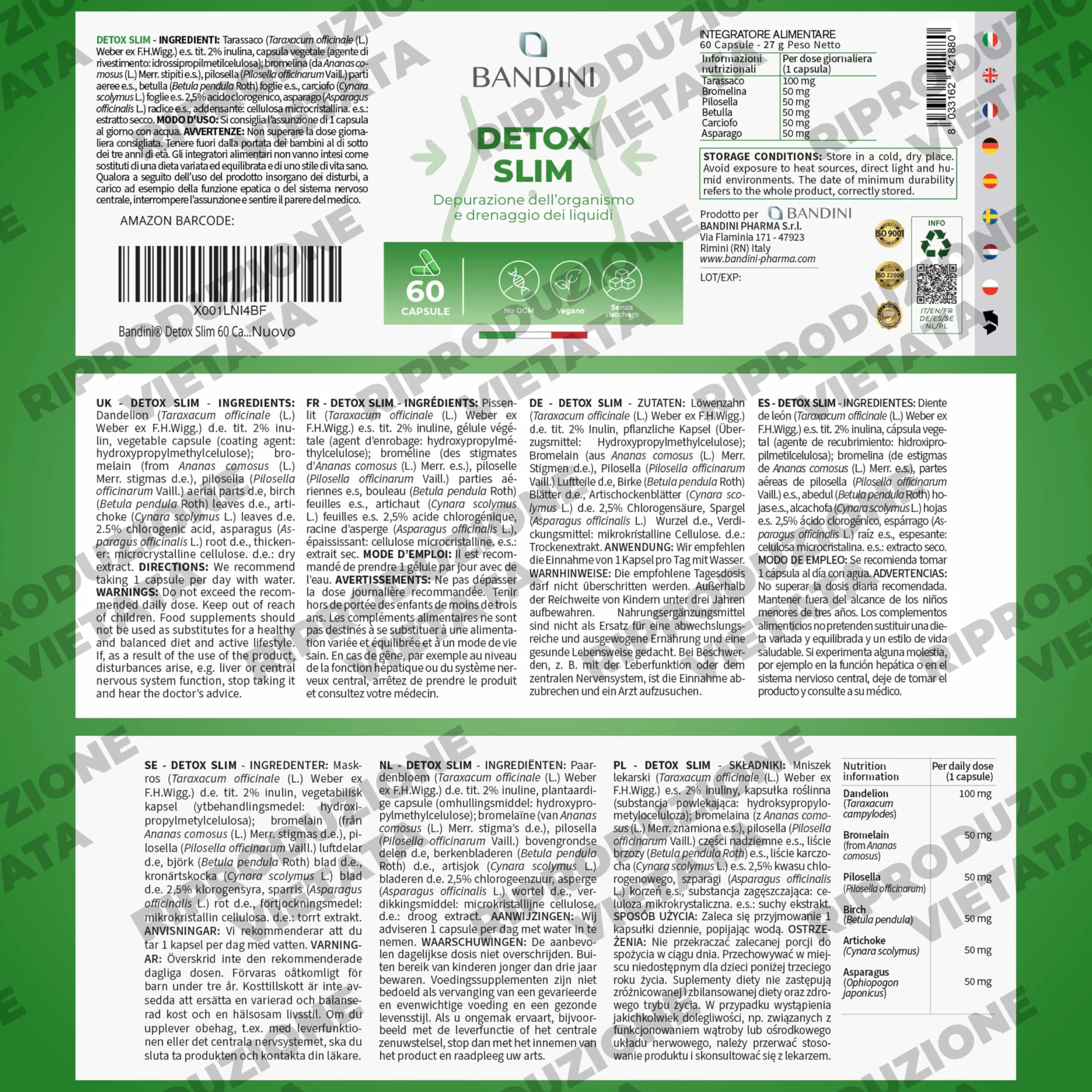Bandini DETOX SLIM 60 Capsule Vegan Drenante Antiossidante Depurativo Detossificante Fegato Intestino Estratti Vegetali Bromelina Tarassaco Pilosella Betulla
