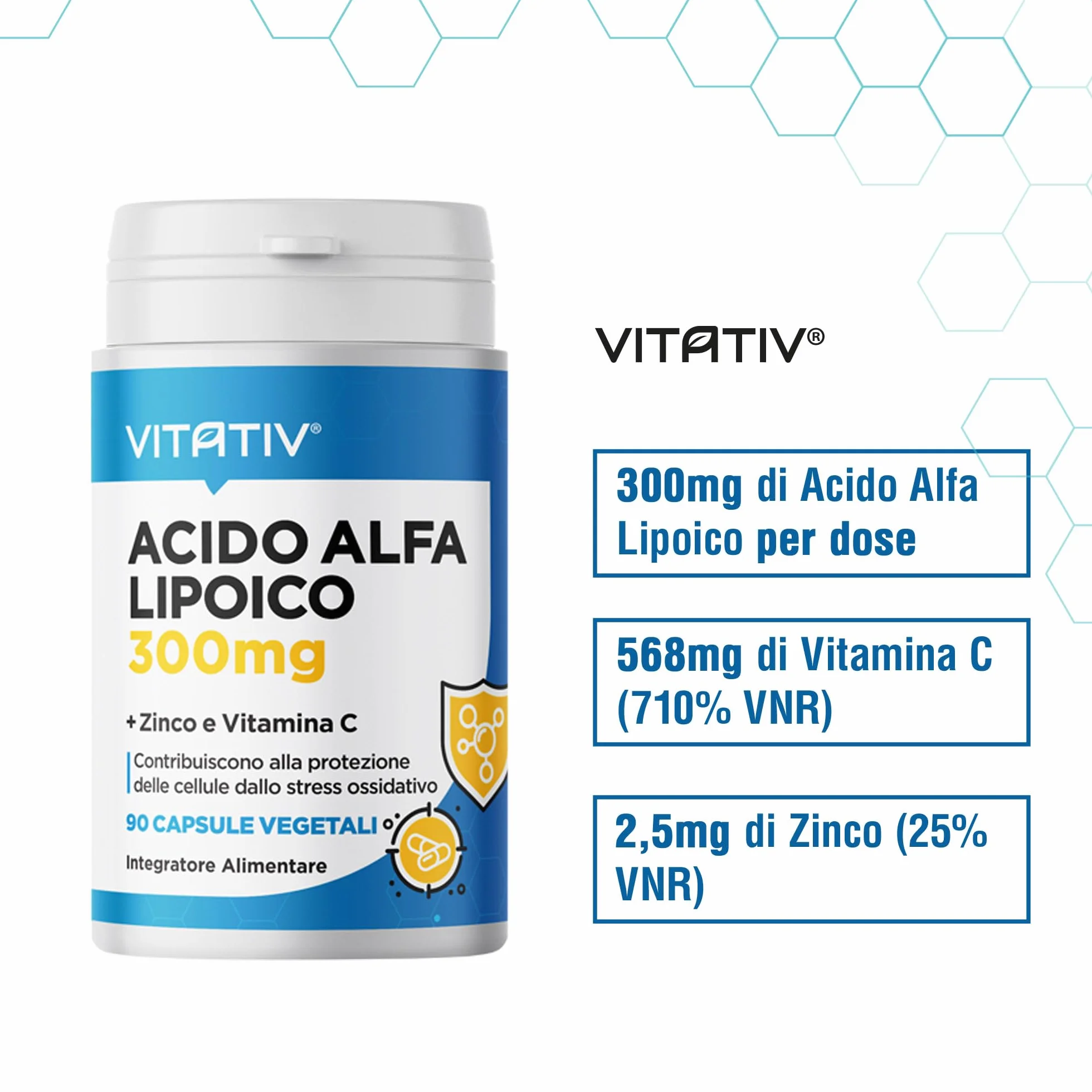 VITATIV Acido Alfa Lipoico ALA 300mg + Vitamina C e Zinco 90 Capsule Vegetali Antiossidante Made in Italy