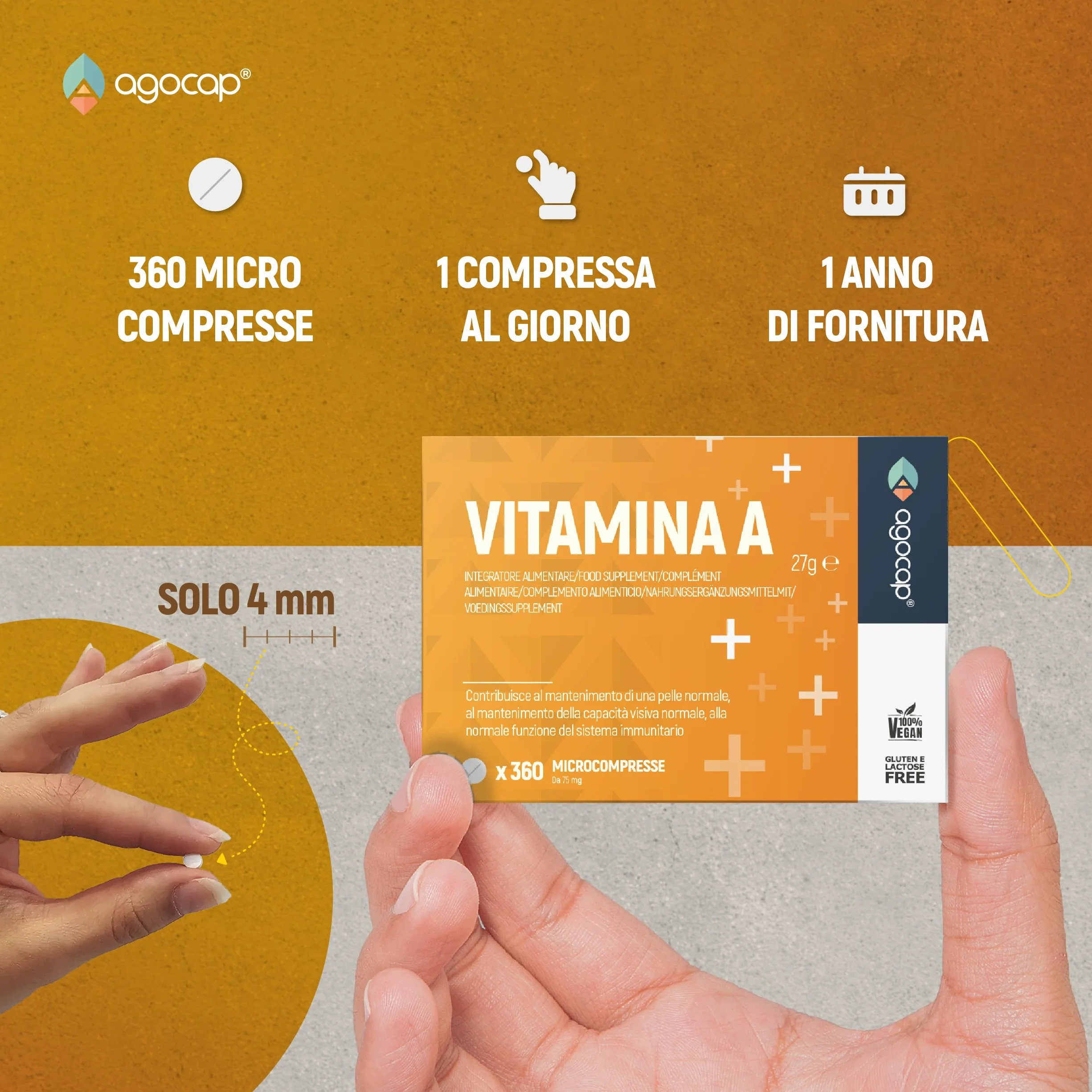 Vitamina A pura, 360 microcompresse ad alto dosaggio | 1200mcg per compressa di Vitamina A, 4000ui ad alta biodisponibilità | Agocap, Integratore Vitamin A, fatto in Italia
