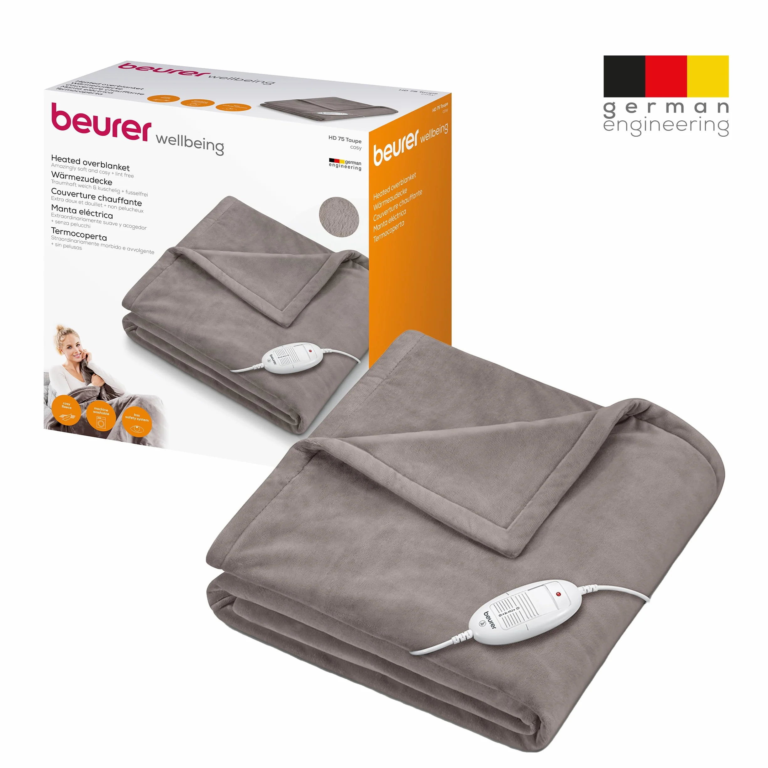 Beurer HD 75 Cosy Coperta Elettrica con Dispositivo di Termoregolazione Elettronico, 6 livelli di temperatura e spegnimento automatico dopo 3h, colore Taupe