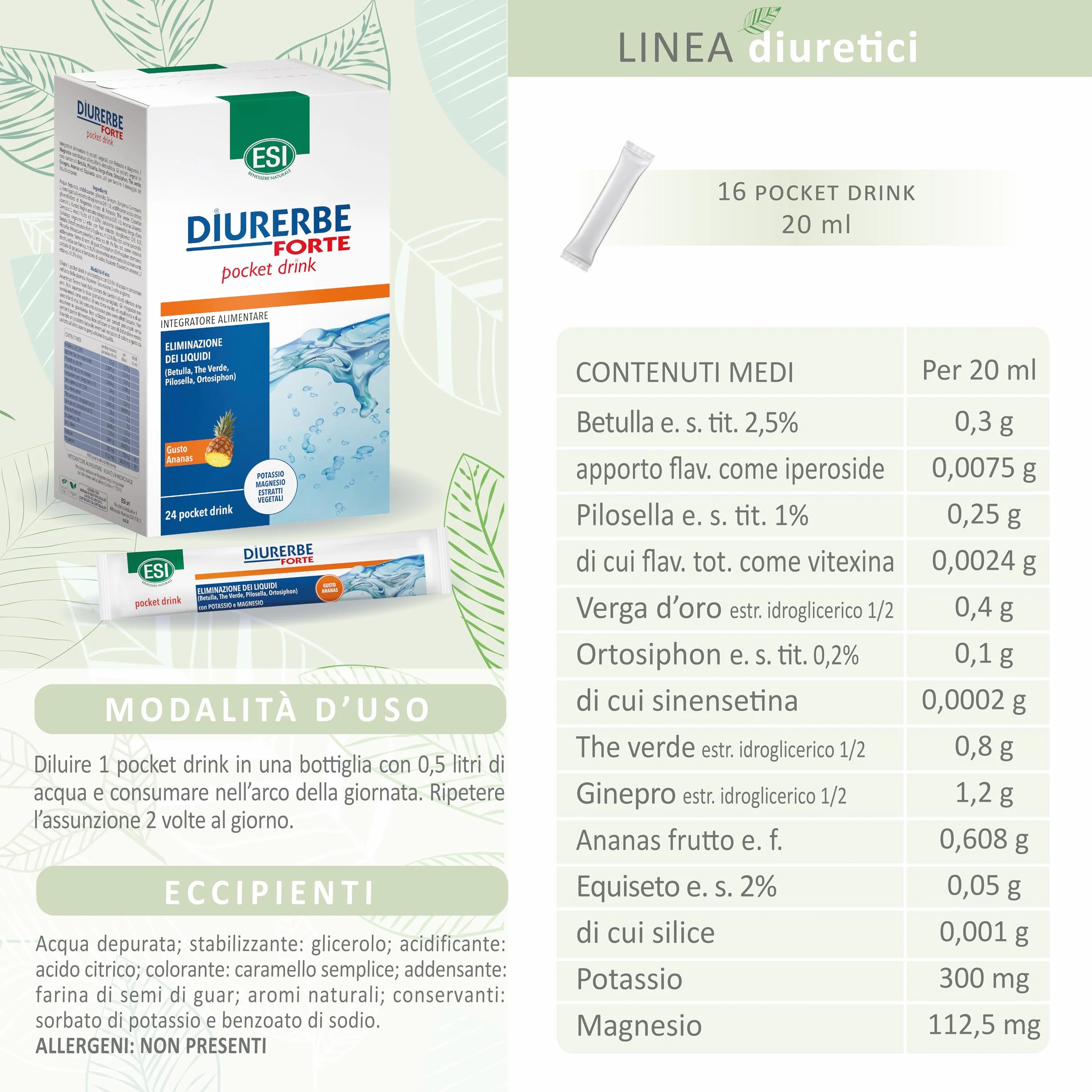ESI Diurerbe Forte Integratore Alimentare Melograno Senza Glutine Vegano 24 Pocket Drink