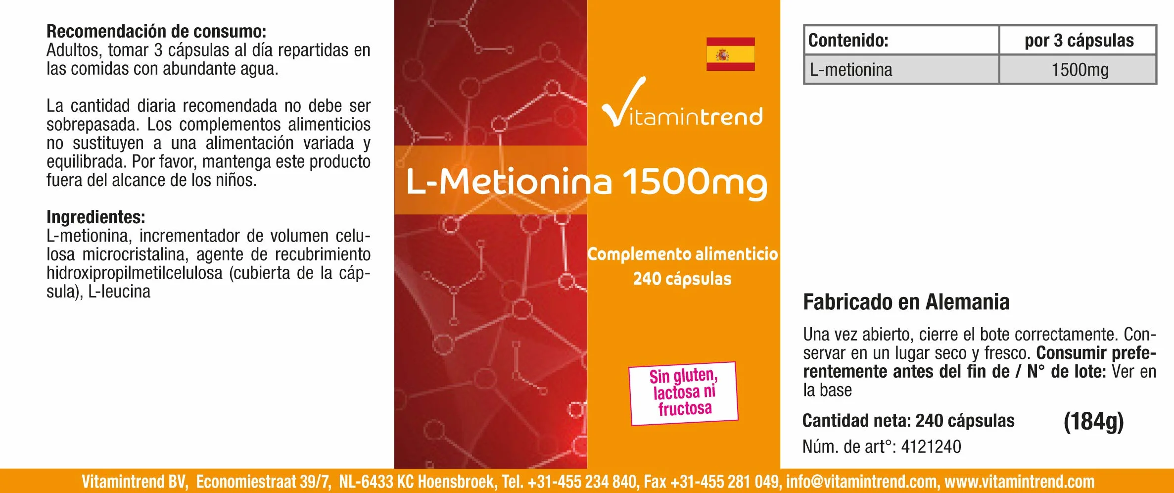 Vitamintrend L-Metionina 1500 mg per dose giornaliera, 240 capsule, ad alto dosaggio, integratore alimentare vegano senza magnesio stearato, prodotto in Germania