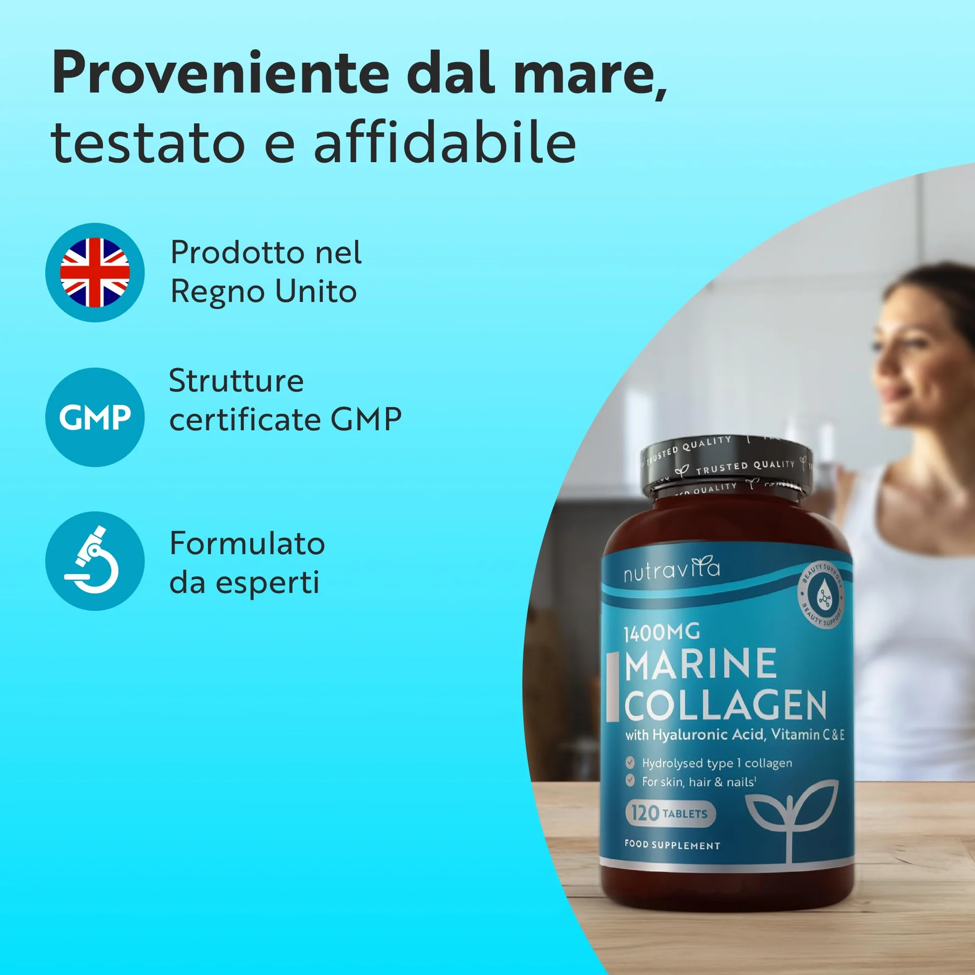 Nutravita Collagene Marino con Acido Ialuronico 1400mg - 120 Compresse - Integratore per Capelli, Pelle e Articolazioni