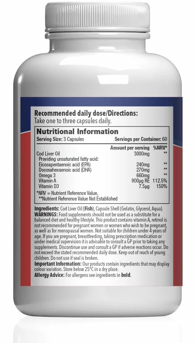 Olio Di Fegato Di Merluzzo 1000mg Omega 3 EPA DHA 180 Capsule Supporto Cervello Vista Immunità