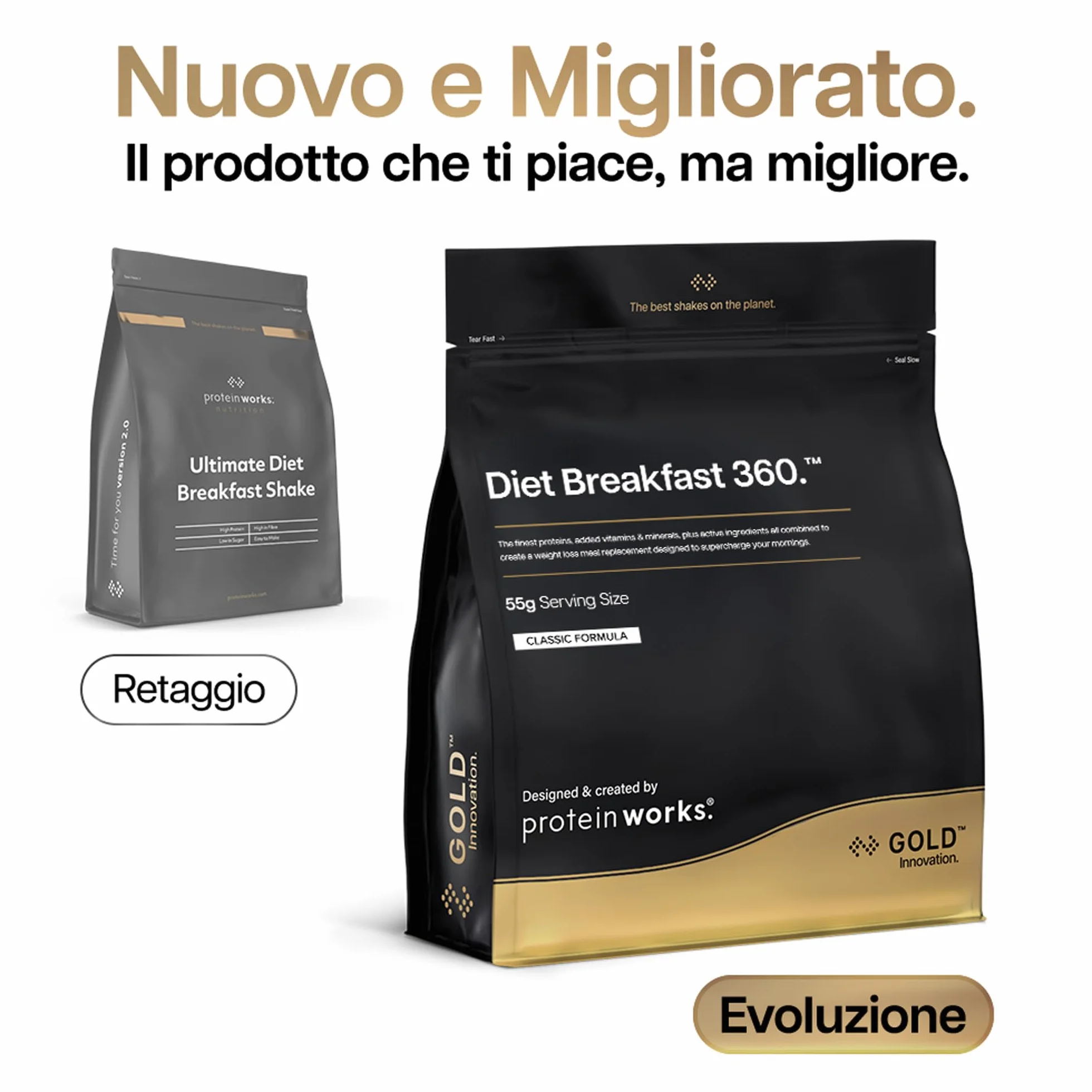 Protein Works | Diet Breakfast 360 – GOLD Innovation, Shake Colazione Sostitutivo Pasti Dietetico Salva-Tempo, Con Caffeina, Basso Zucchero, Caramel Latte, 36 Porzioni, 2kg