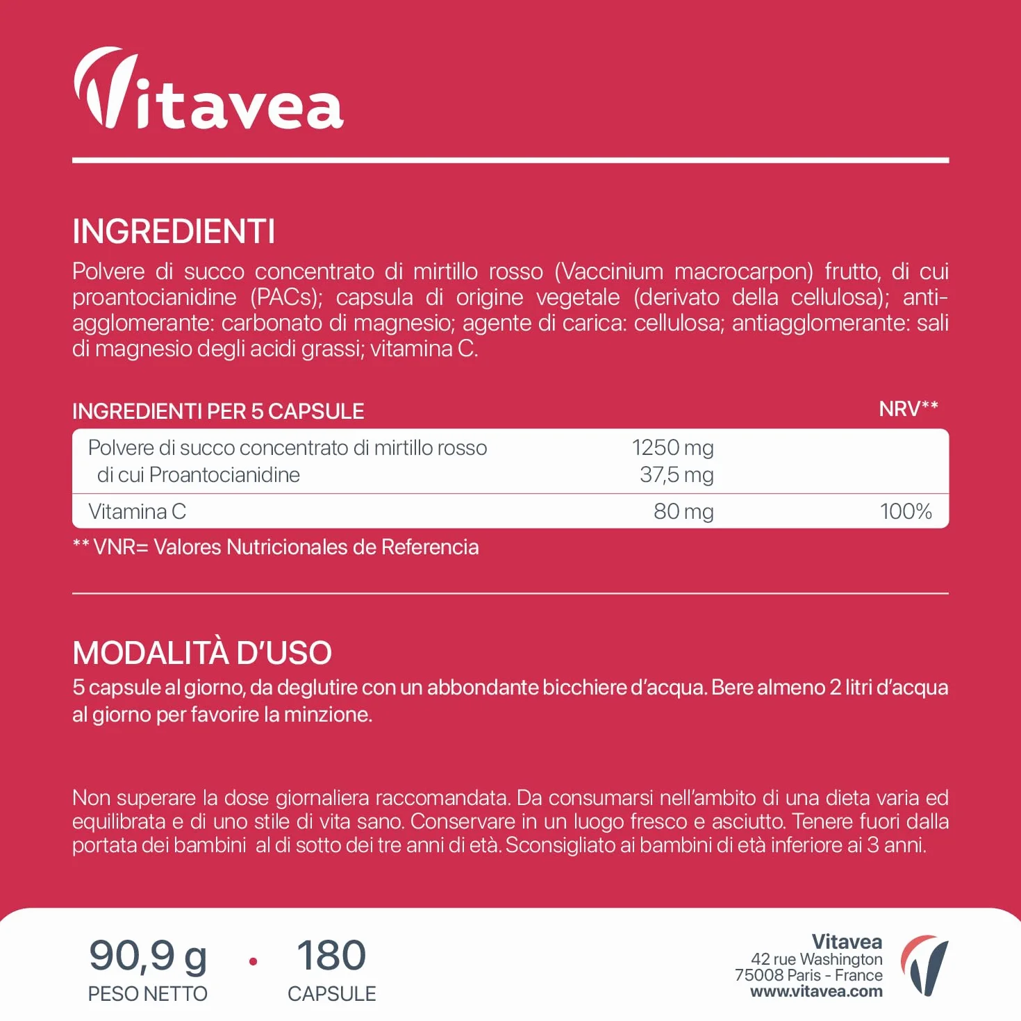 Mirtillo Rosso con Vitamina C – 1250 mg di succo di mirtillo rosso in polvere al giorno – 37,5 mg PAC – 180 capsule vegane – Senza additivi inutili – Vitavea