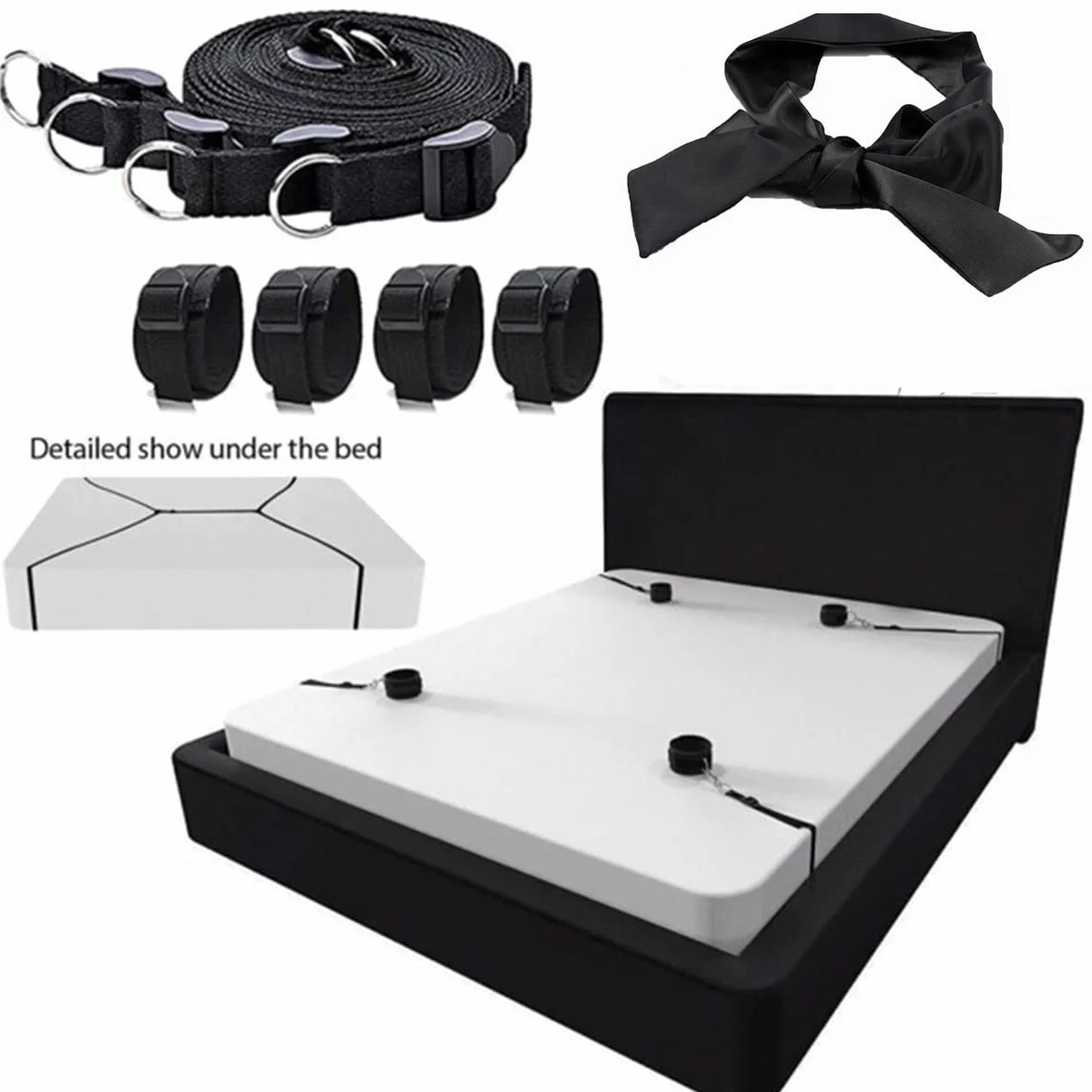 Set Bondage SM Letto Vincoli con Morsetti Capezzoli Maschera Occhi Manette Piedi Giocattoli Sesso per Principianti Coppie