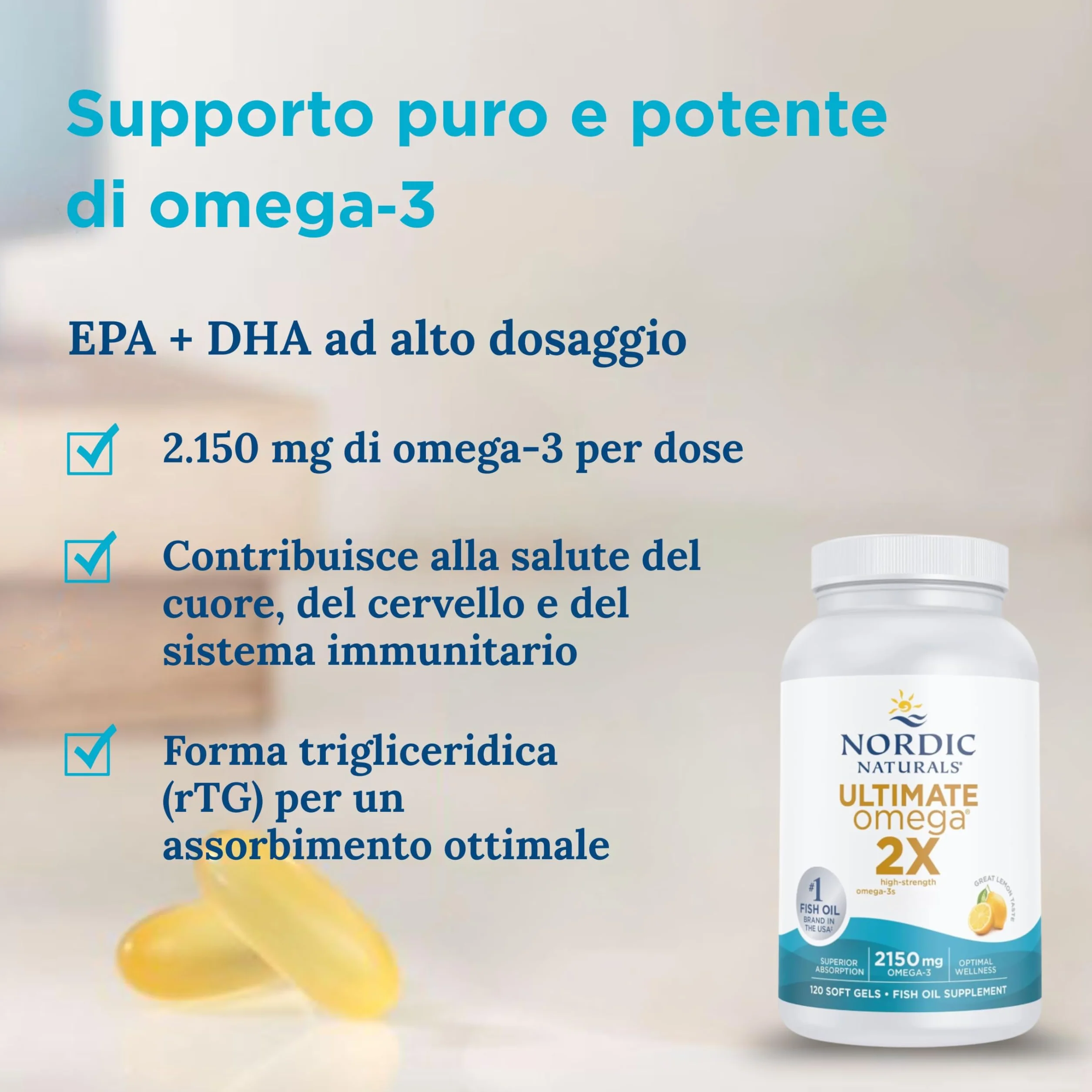 Nordic Naturals Ultimate Omega 3 2X, integratori di olio di pesce 2150 mg Omega-3 EPA DHA, 120 softgel, gusto limone, senza soia e glutine