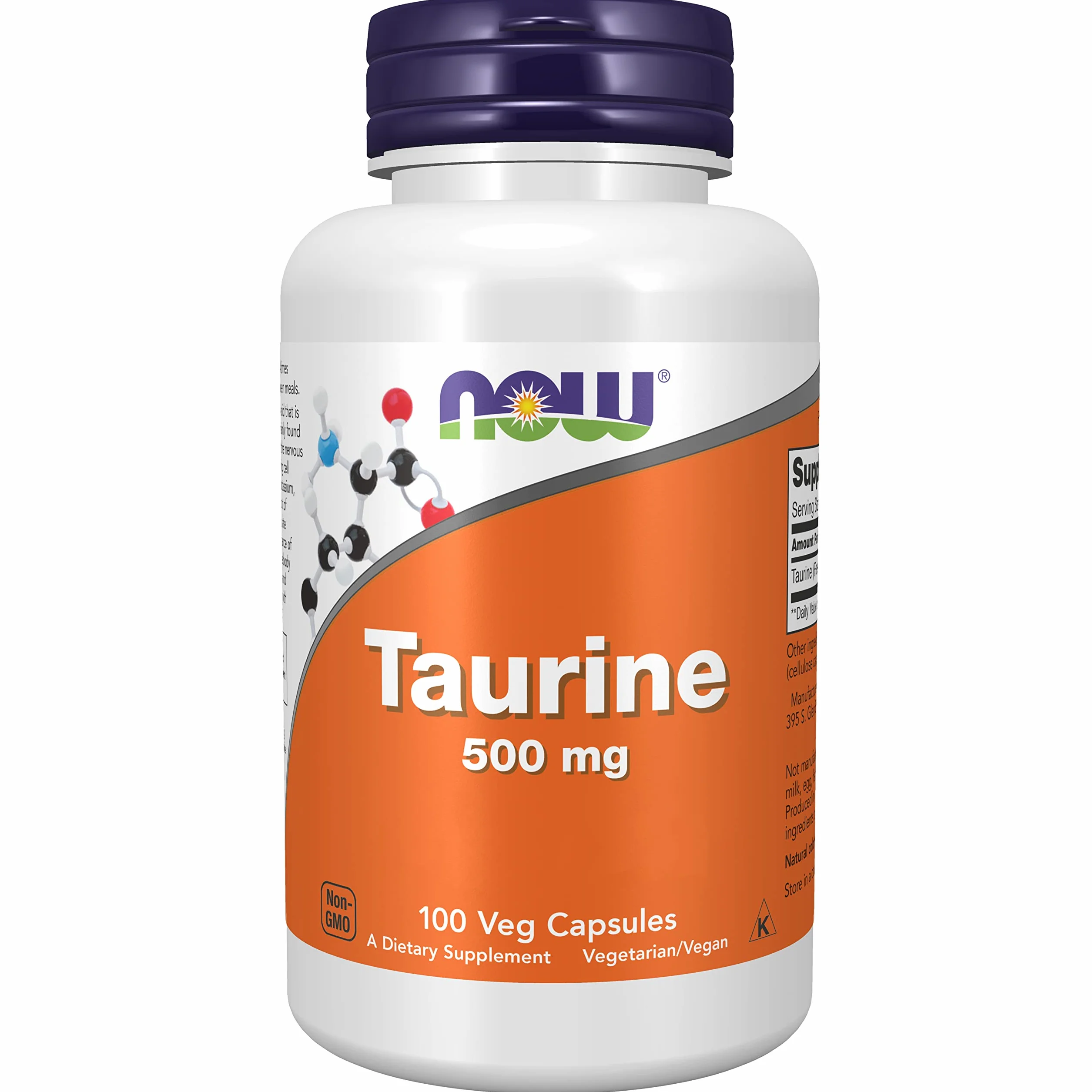 Now Foods Taurina 500 mg 100 Capsule Vegan Aminoacido Testato in Laboratorio