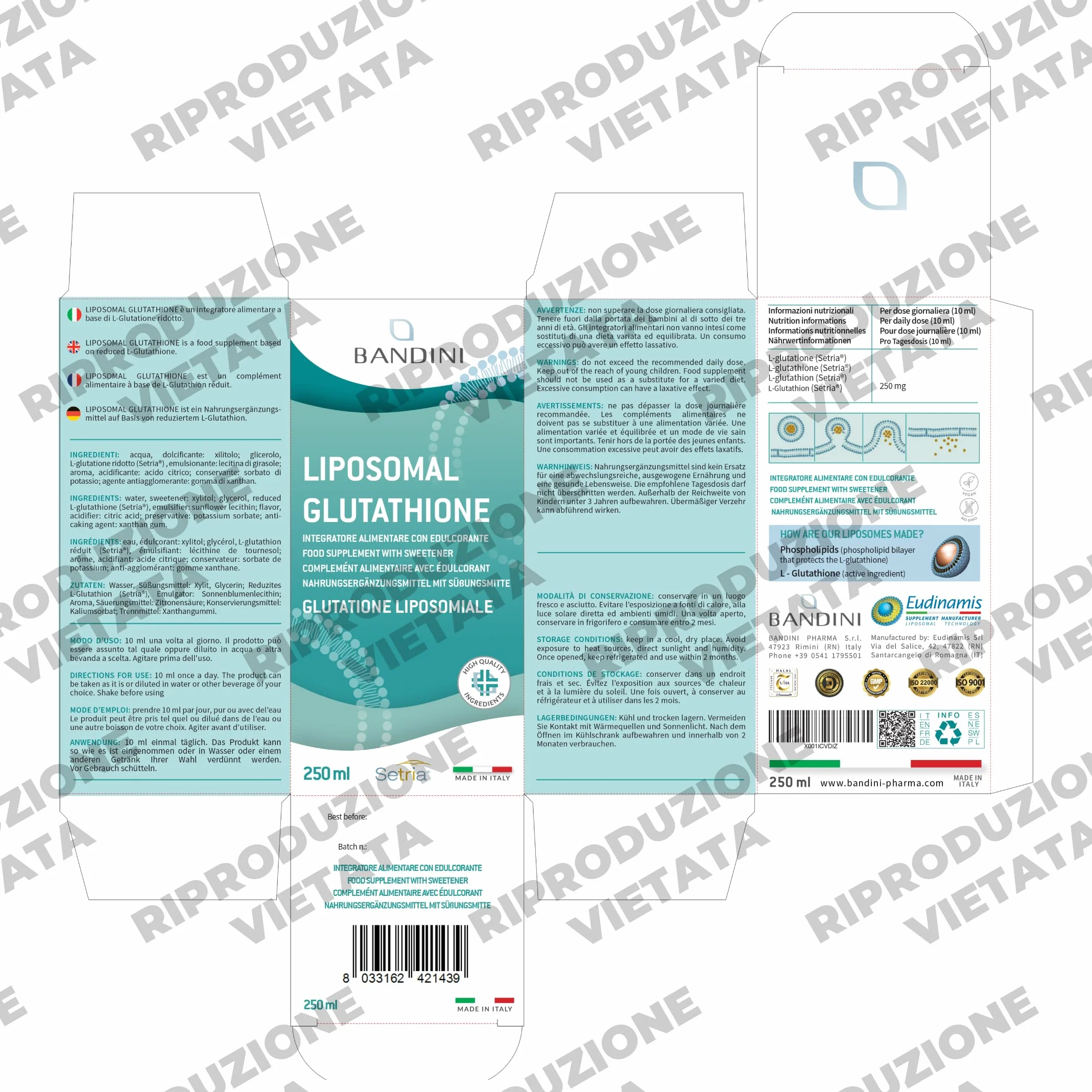 Bandini® Glutatione Liposomiale 250ml | 250mg di L-Glutatione Setria Ridotto e Bioattivo da Fermentazione per Dose | Antiossidante, Anti Invecchiamento, Contrasta i Radicali Liberi | Senza OGM, Vegan