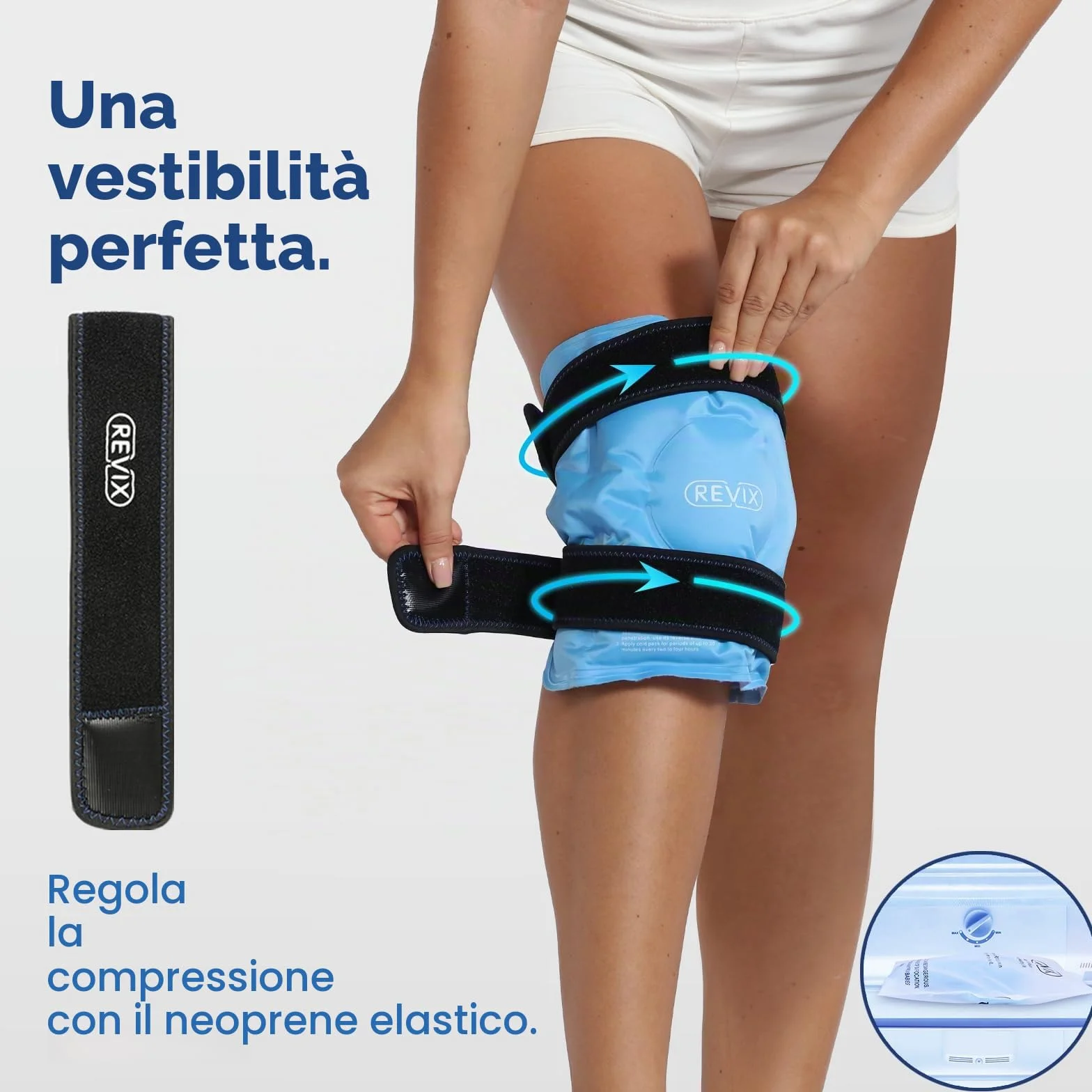 REVIX Fascia Ghiaccio per Ginocchio – Impacco Gel Riutilizzabile con Cinturini Regolabili, Copertura Vellutata, Uso a Mani Libere per Ginocchia, Polpacci, Gomiti, Ghiaccio Gel Freddo