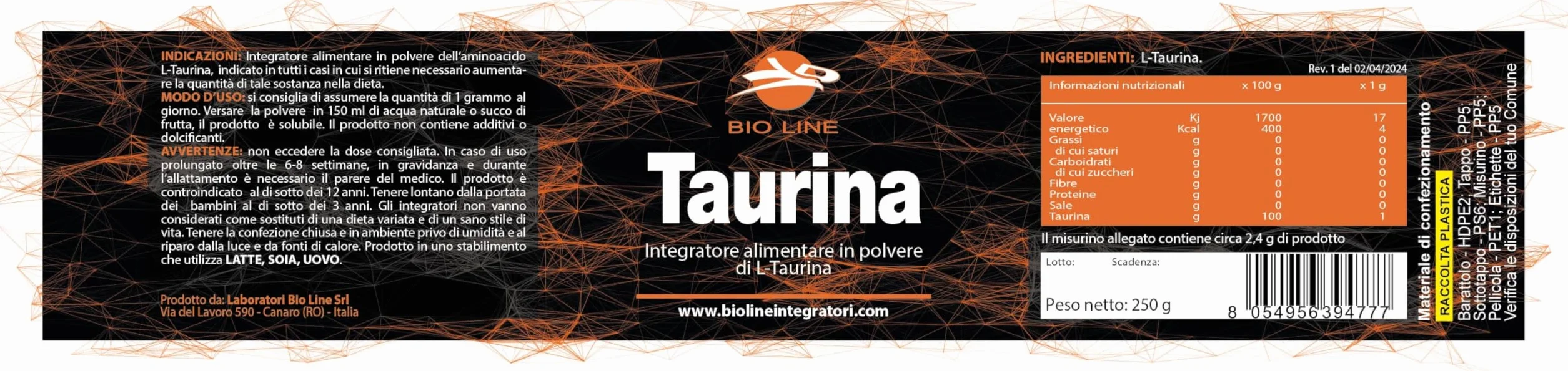 Laboratori Bio Line - Taurina Integratore 250gr in Polvere, L-Taurina in Polvere, Idrosolubile Si Scioglie Facilmente in Acqua, Assumere 1 Grammo al Giorno (Scorta 250 Giorni)