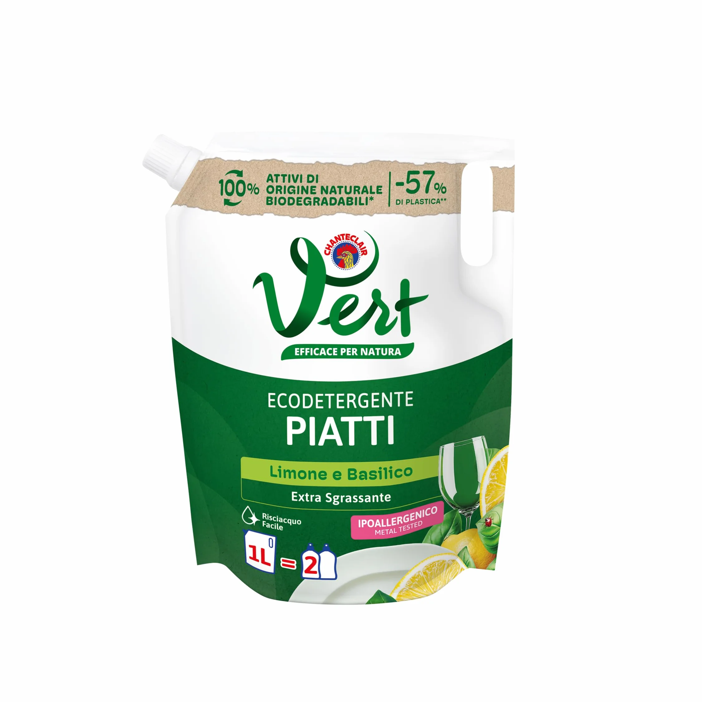 Vert - Ecodetergente Piatti - Fragranza Limone e Basilico, 100% Origine Naturale, Funzione Extra Sgrassante e Risciacquo Facile, Ipoallergenico, Adatto anche a Pelli Sensibili - Flacone da 1000ml