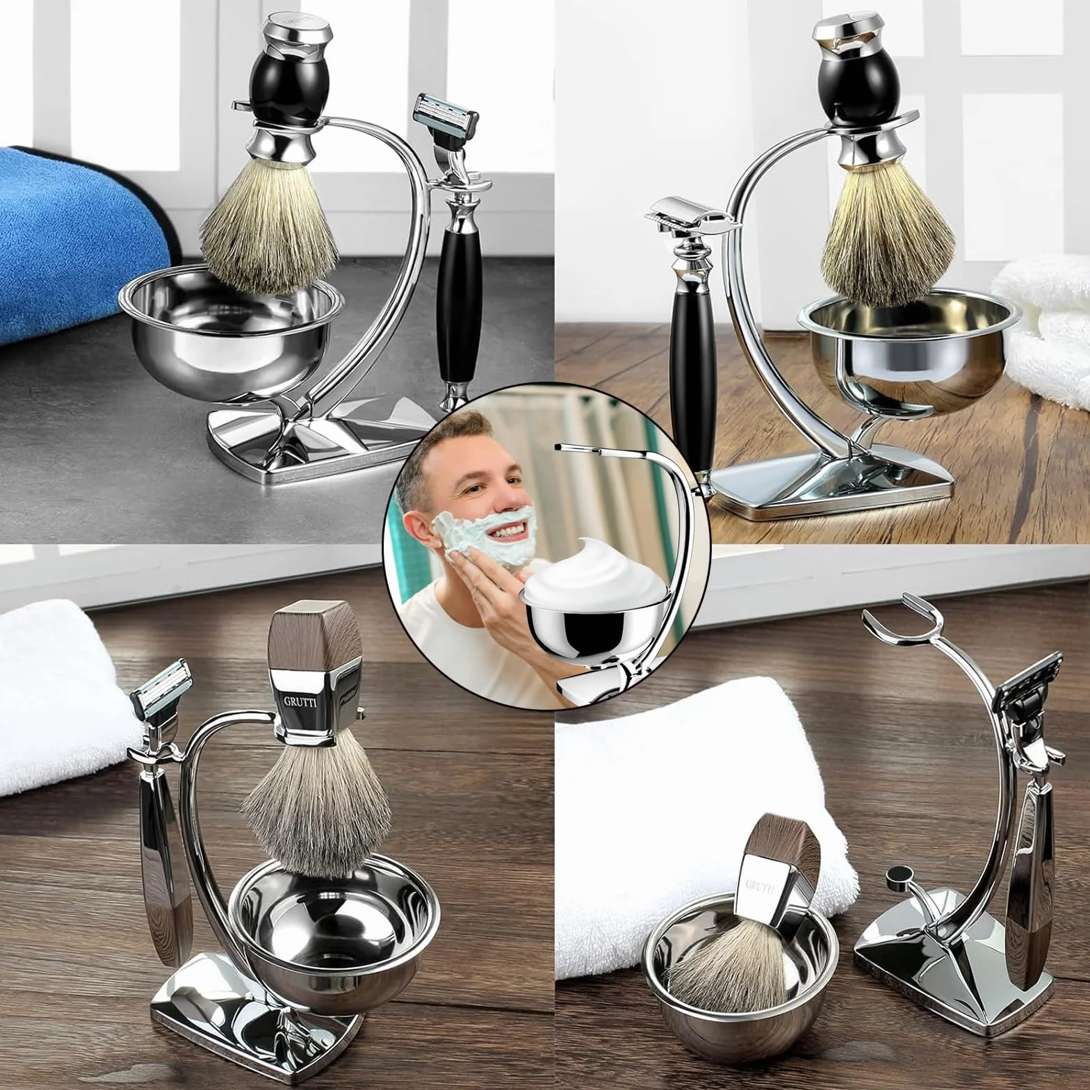 Set da barba da uomo, universale, supporto per pennelli da barba, in acciaio inox, resistente, supporto per rasatura di sicurezza, per rasoi manuali, pennello da barba