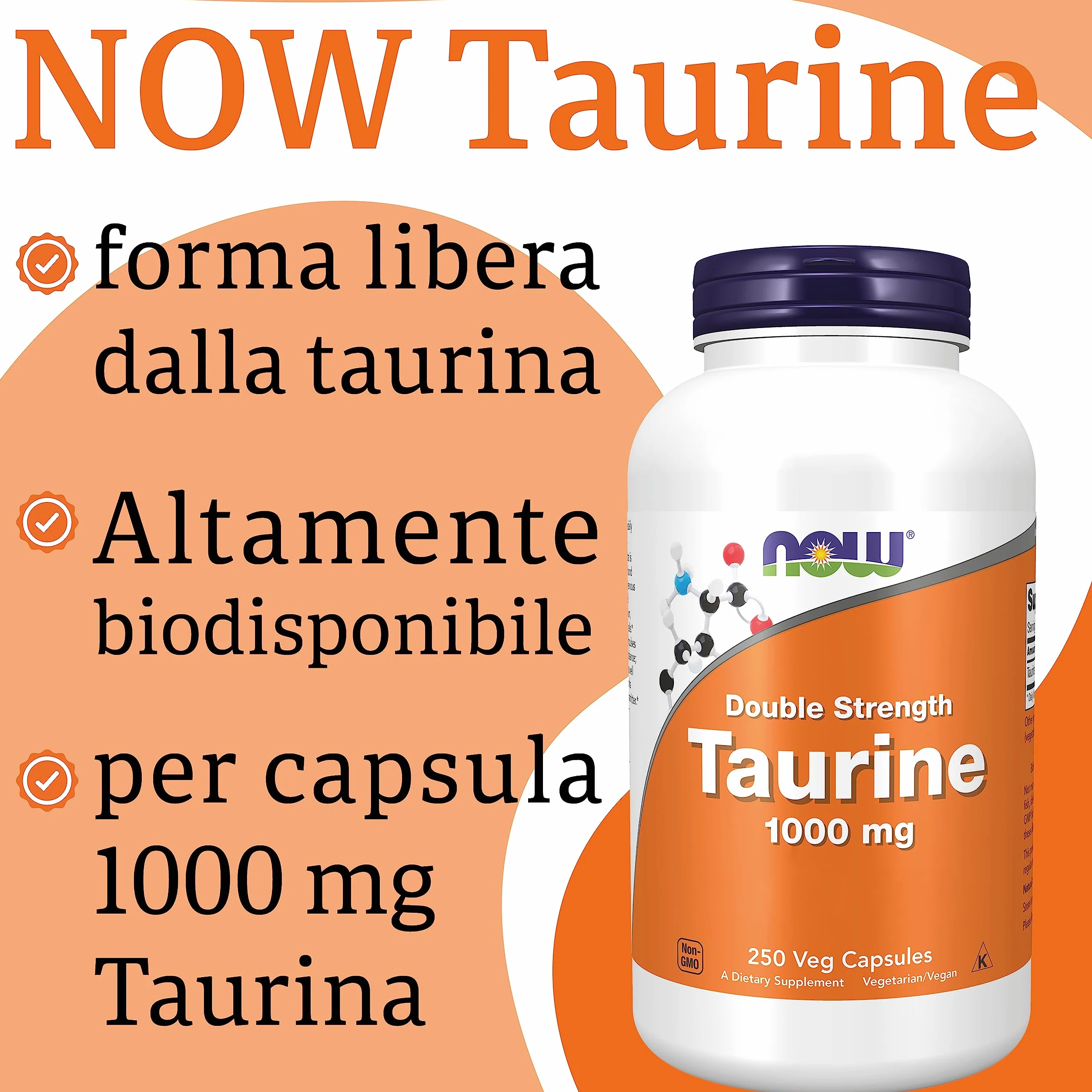 Now Foods Double Strength Taurine 1000mg 250 Capsules Vegan