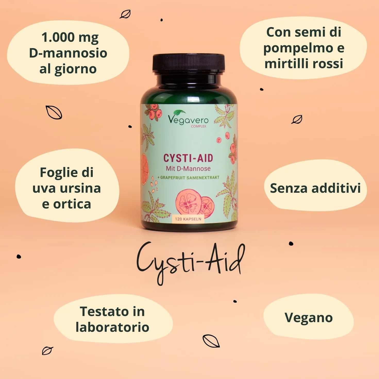 Vegavero® Integratore CISTITE 120 capsule D-Mannosio Mirtillo Rosso Uva Ursina Benessere Vie Urinarie