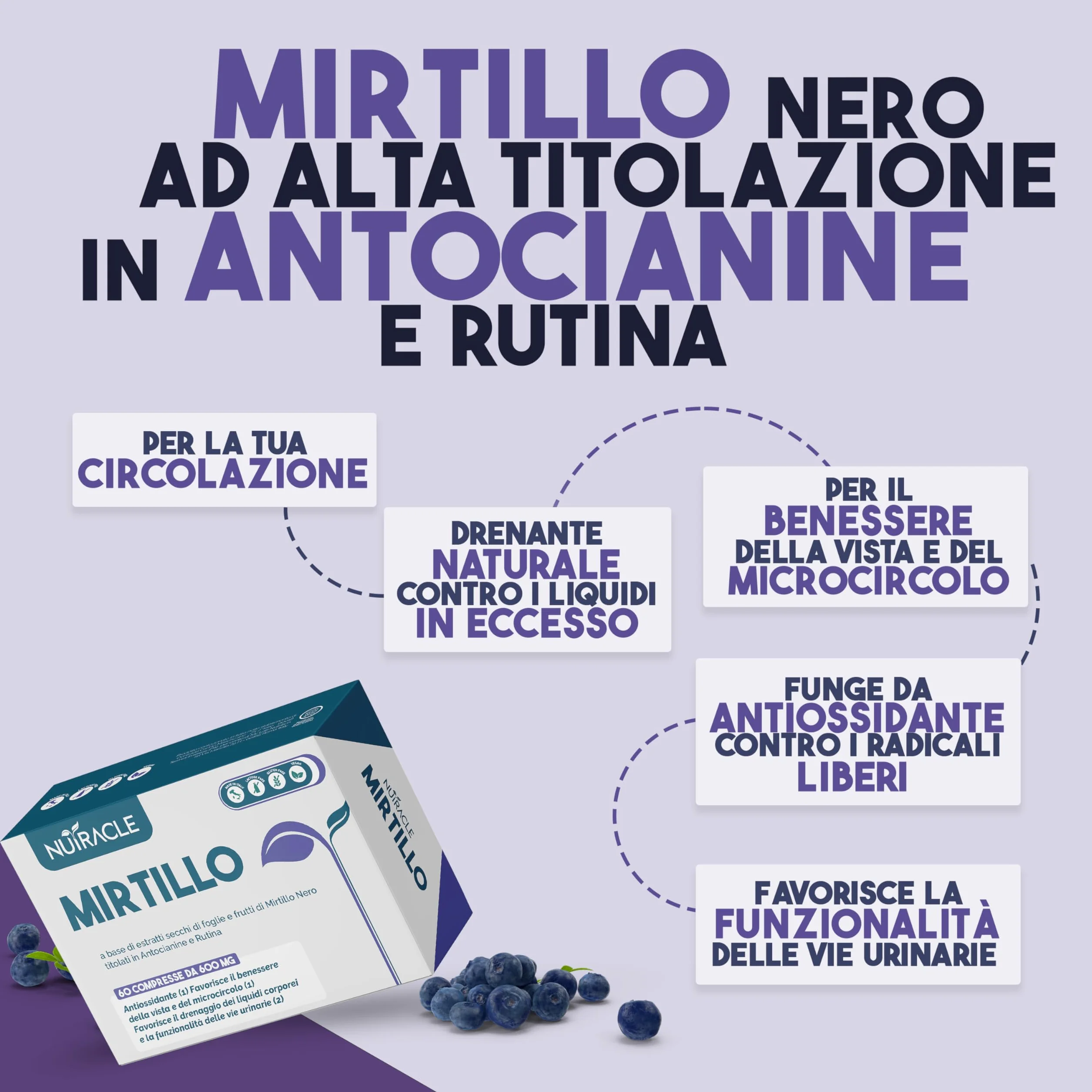 Nutracle Mirtillo Nero 60 compresse 600mg Integratore Microcircolo Gambe Capillari Occhi Vista Drenante Circolazione
