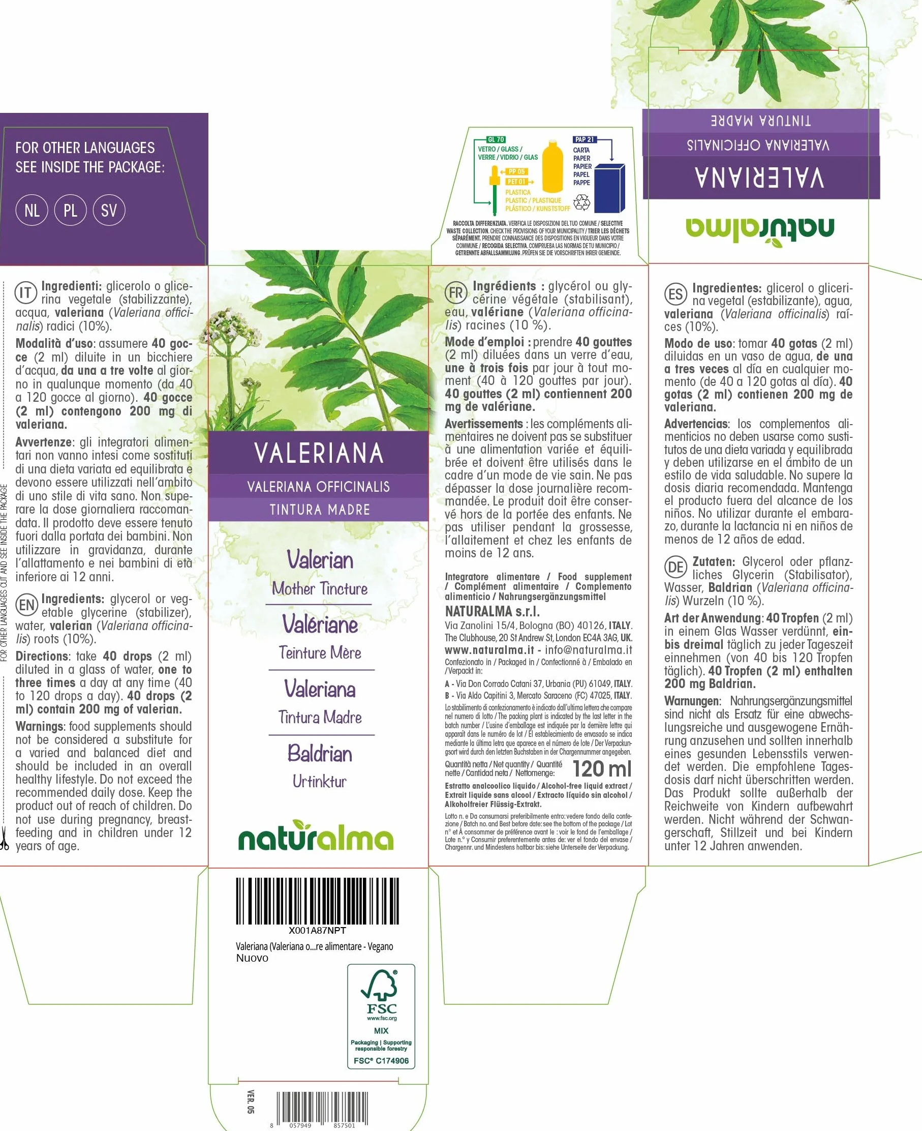 Valeriana officinalis Tintura Madre analcoolica Naturalma Estratto liquido gocce 120 ml Integratore alimentare Vegano