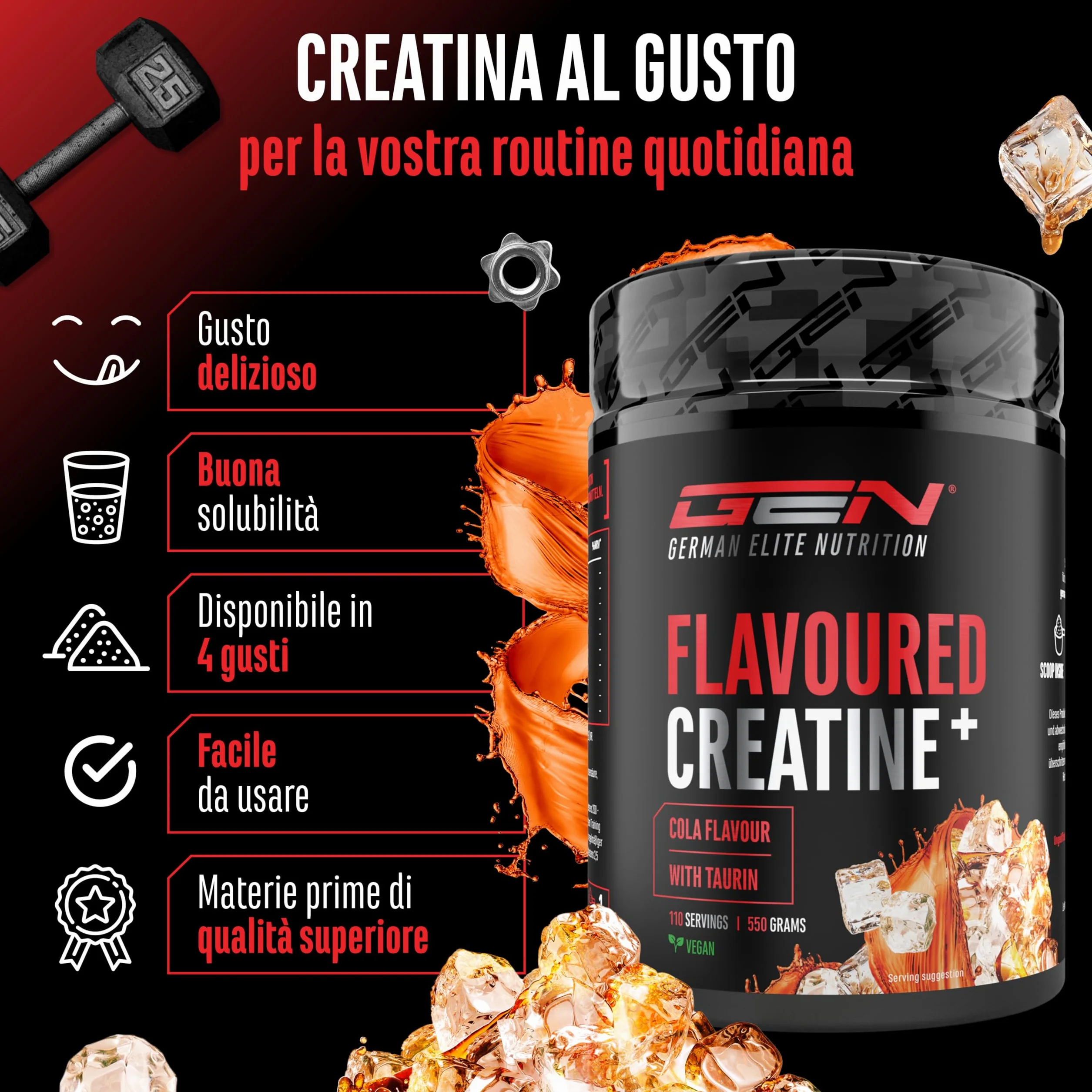 Flavoured Creatine polvere - 550 g - creatina monoidrato + L-taurina - creatina micronizzata aromatizzata - senza zuccheri & ottima solubilità - vegano (Cola)