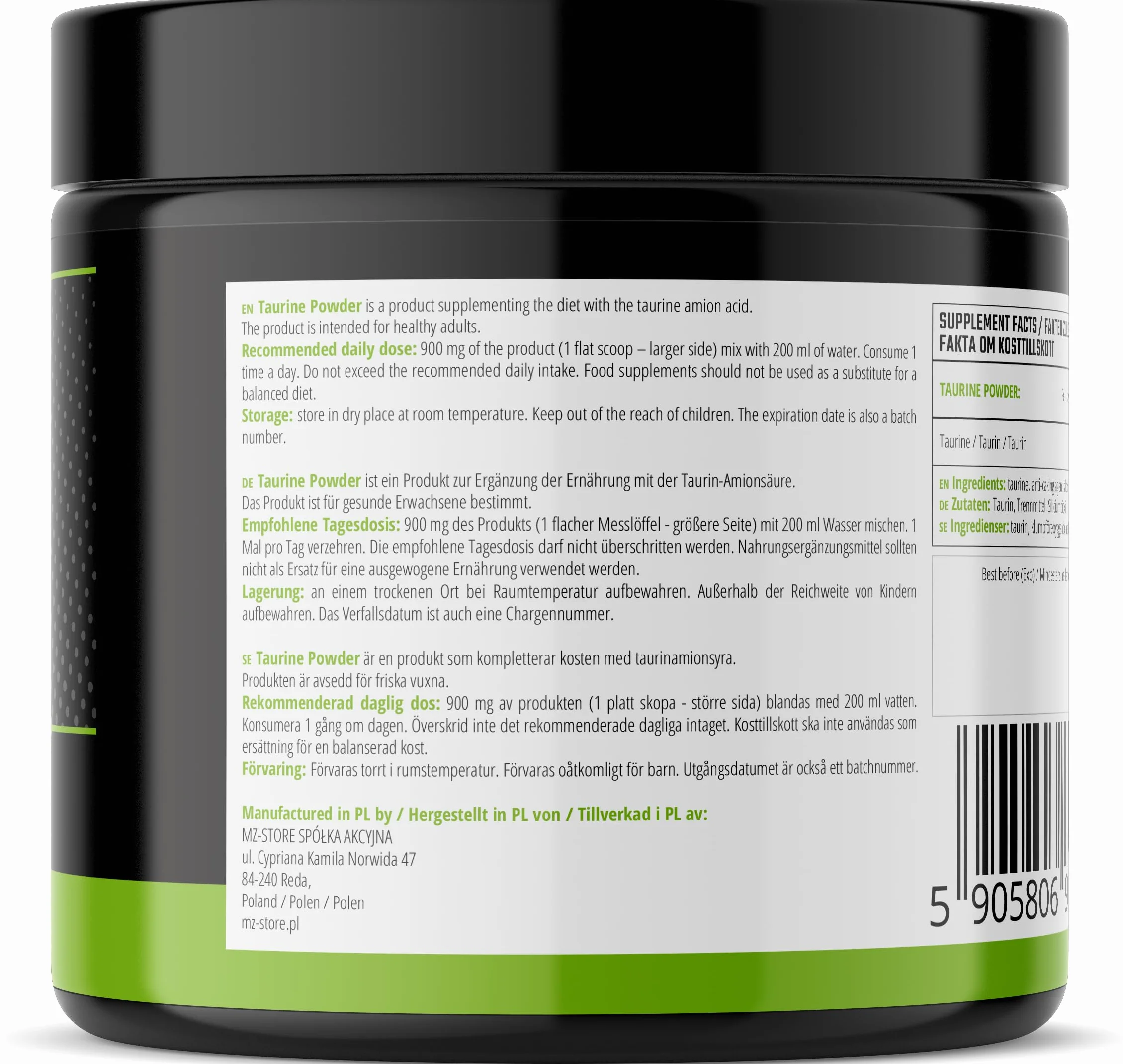 Taurina in polvere 250 g - Aminoacido Taurina 900 mg per porzione - 277 dosi per confezione - Integratore alimentare - da MZ
