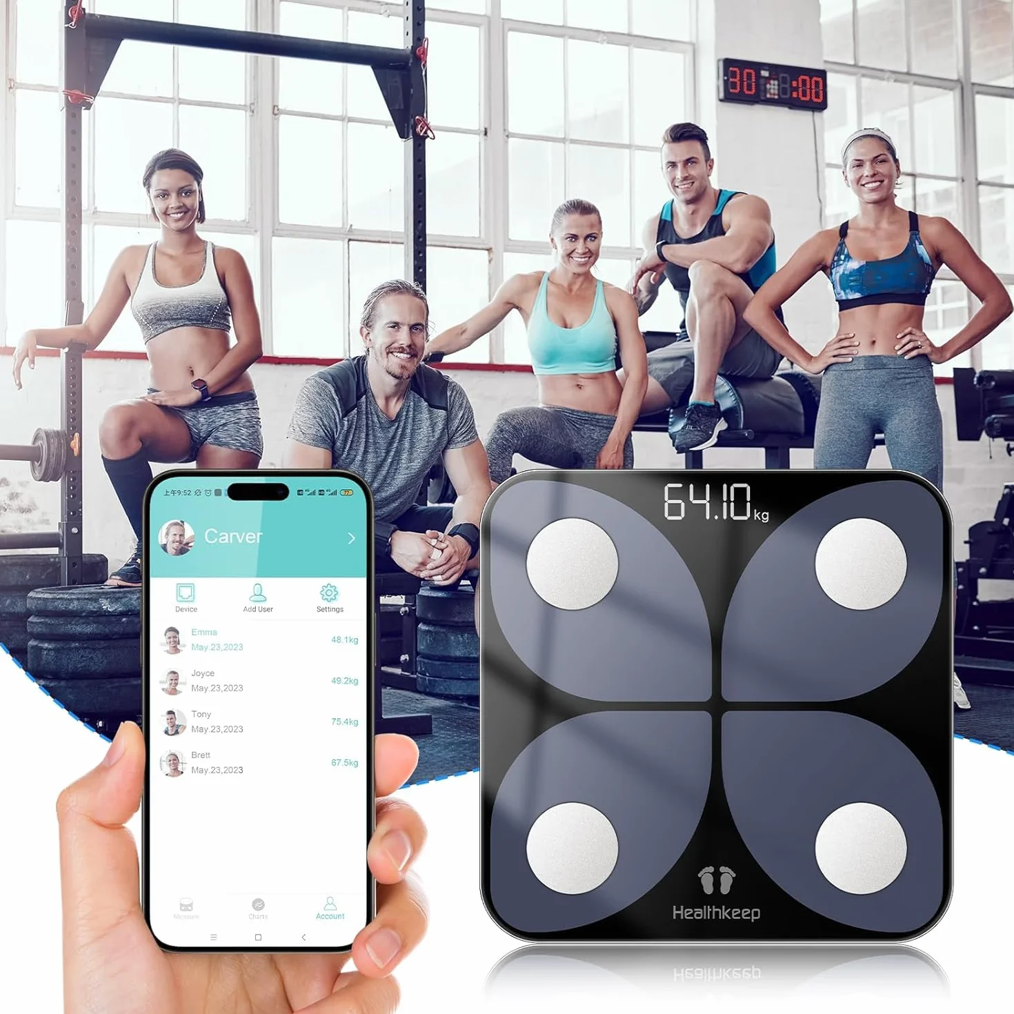 Bilancia per grasso corporeo digitale con app: Bluetooth Smart Bilancia per grasso corporeo, BMI, massa muscolare, proteina, BMR, vincitore del test, 26 x 26 cm